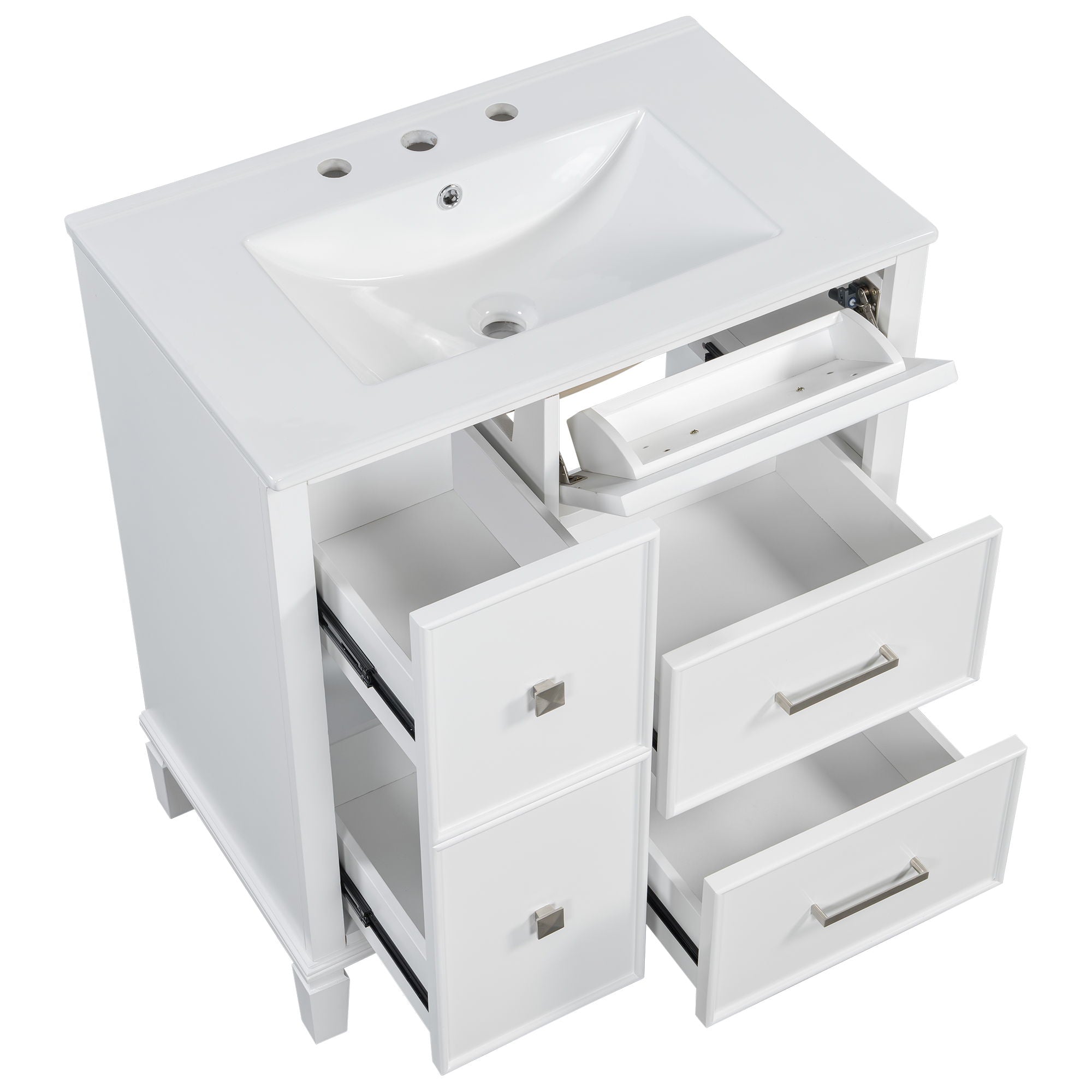 Bathroom Vanity With Ceramic Sink, Flip Out Drawer Design For Plumbing, Soft Close Drawers