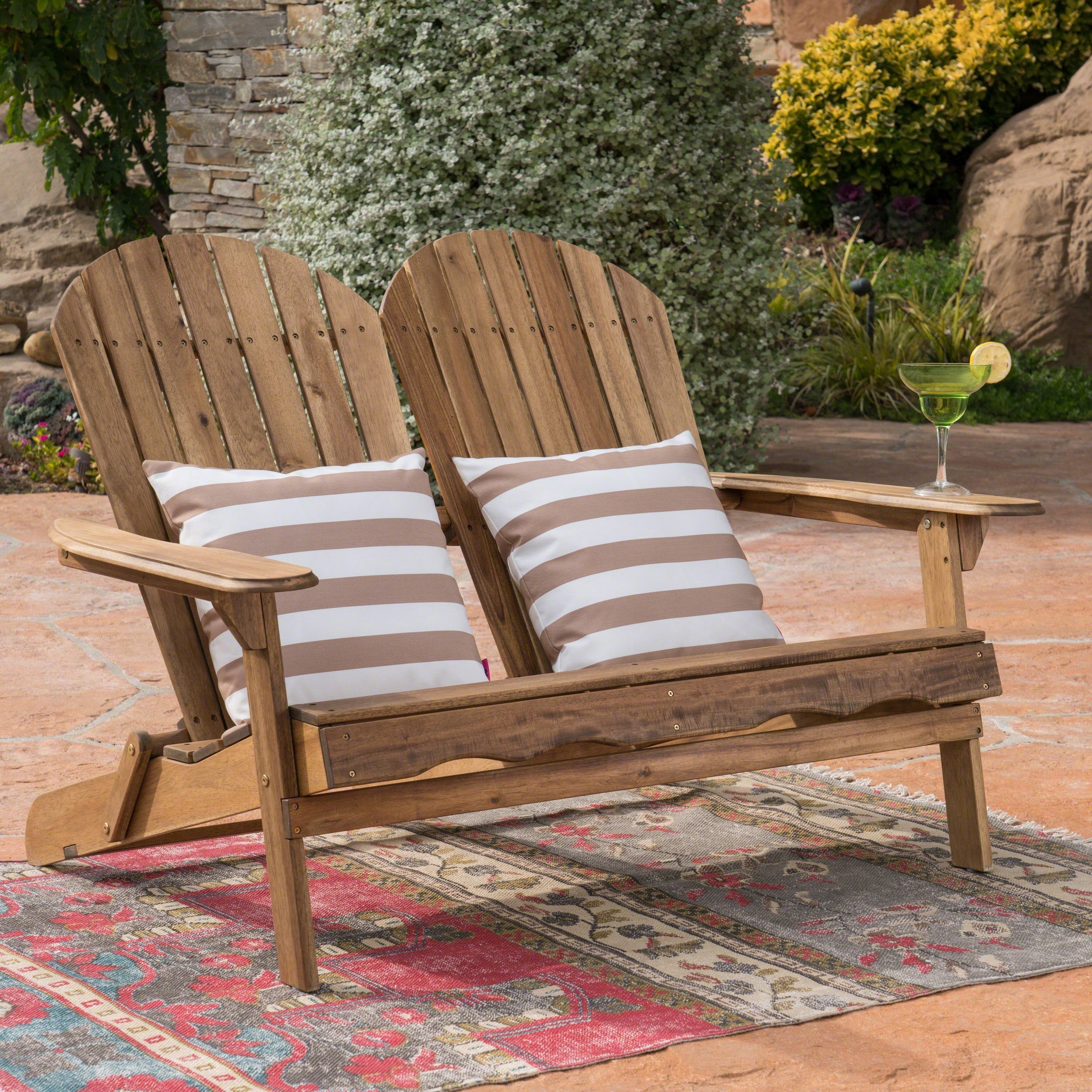 Outdoor Adirondack Rocking Loveseat with Hand Crafted Details Natural