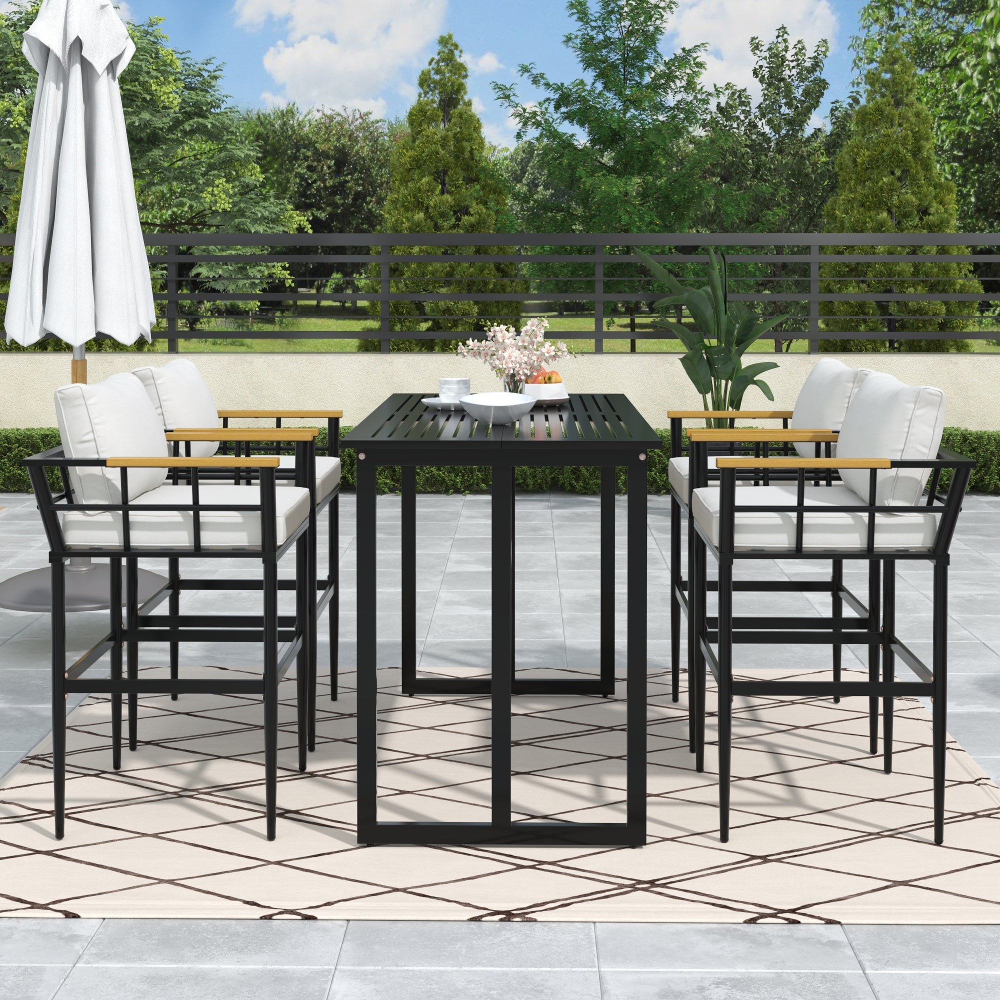 U_Style Iron Outdoor Dining Set with Acacia Wood Armrest