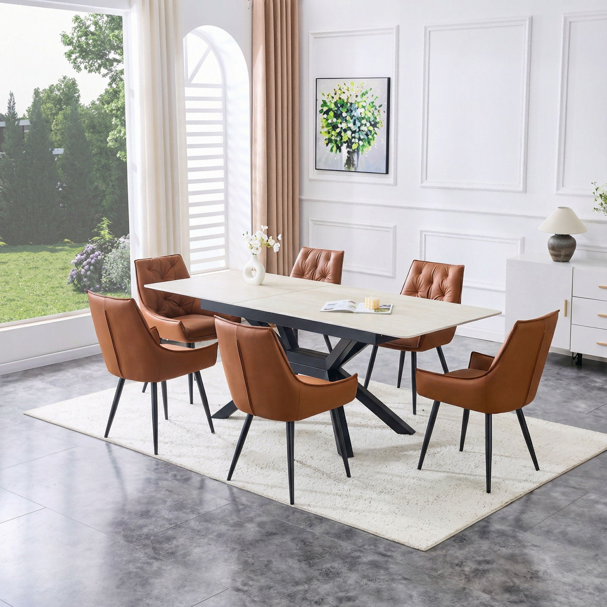 Rectangular Extendable Dining Table With Geometric X Frame, Kitchen Table For Dining Room - Beige