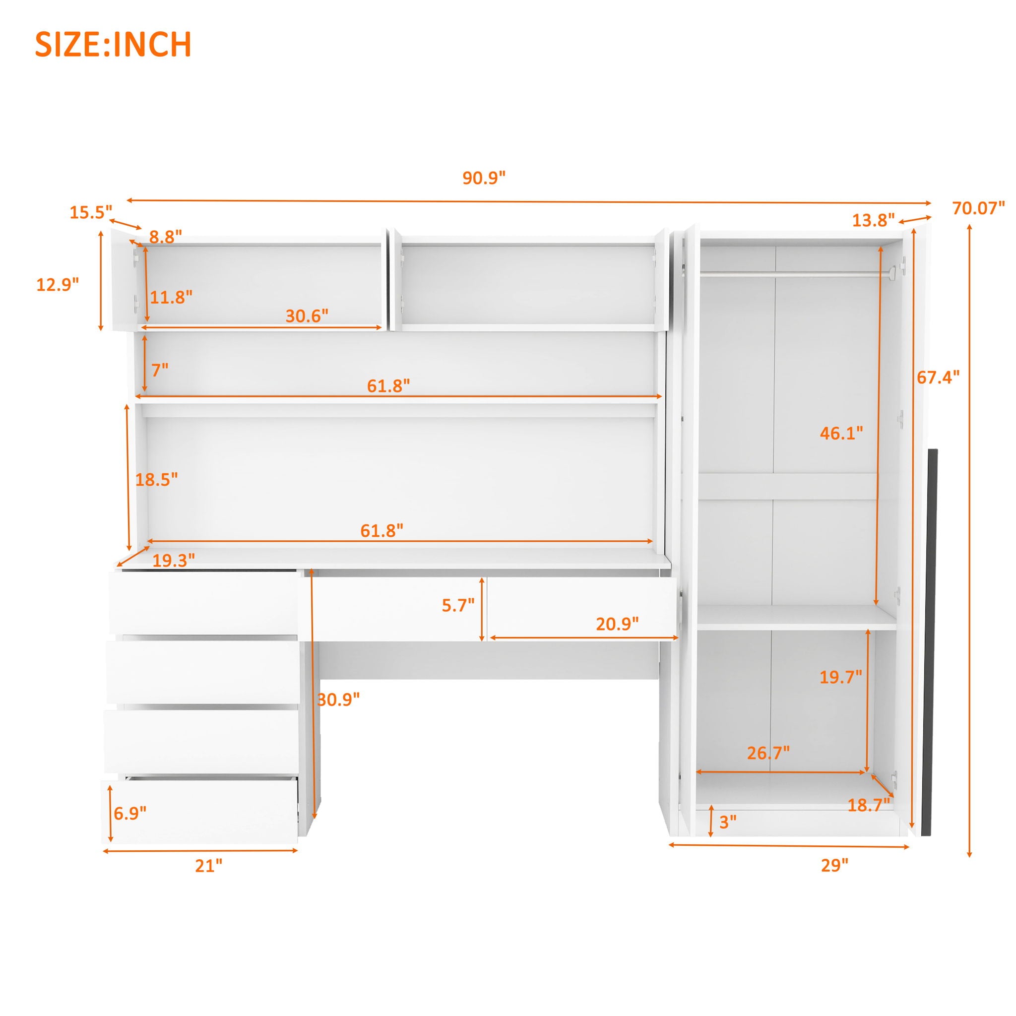 2 Door Storage Desk Wardrobe For Bedroom With Shelves And Drawers