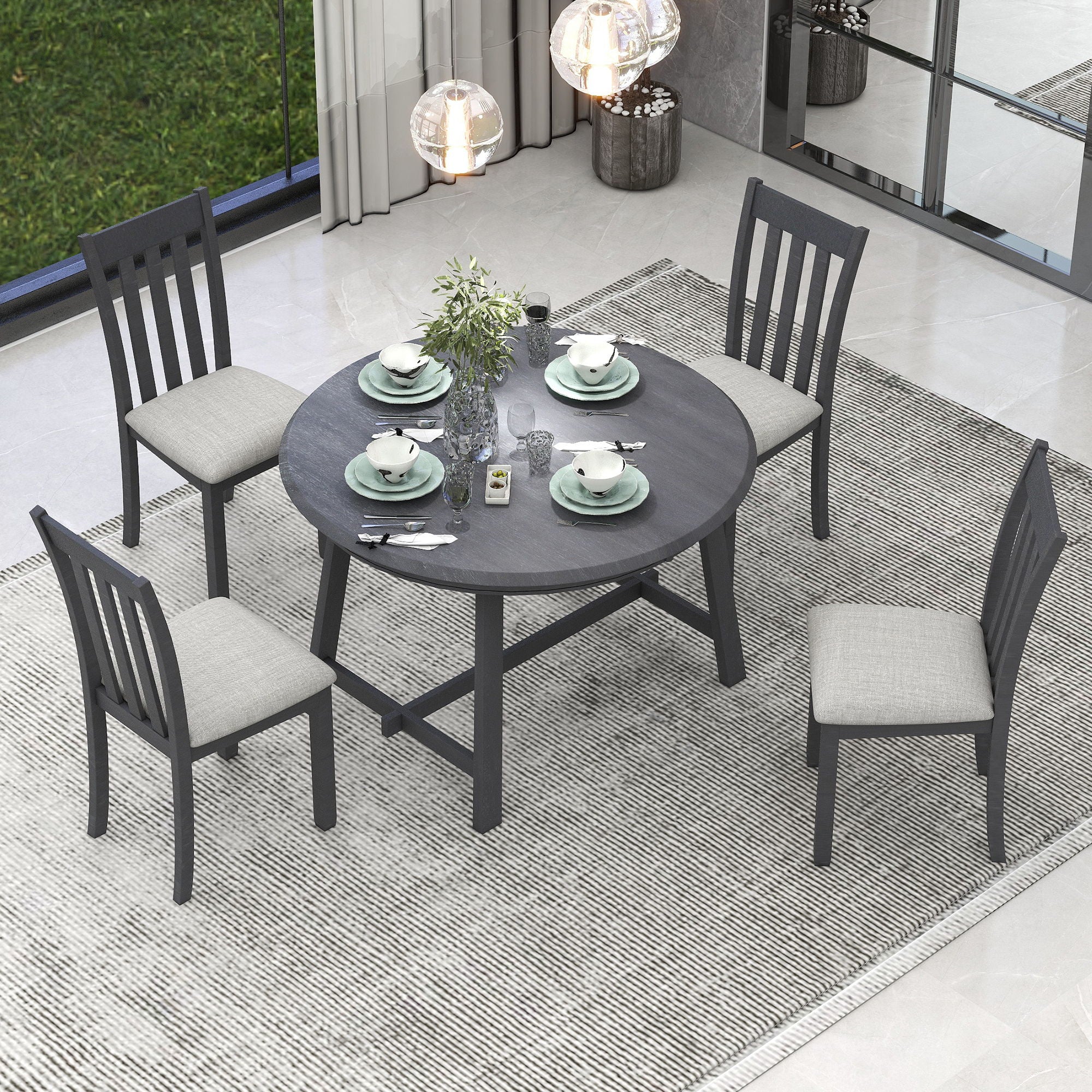 5 Piece Wood Dining Table Set With Extendable Round Table And 4 Chairs