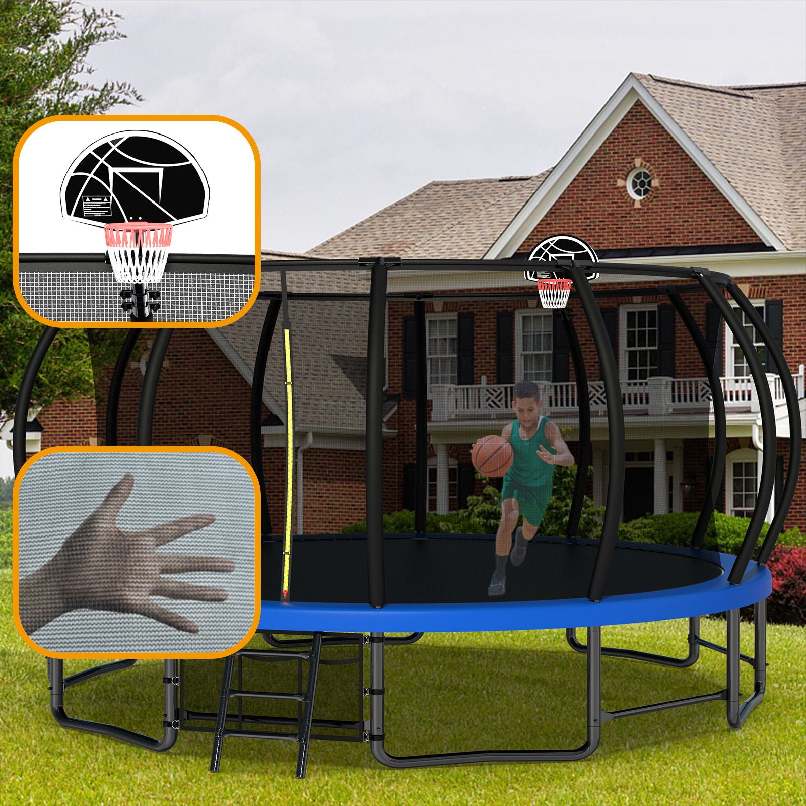 Outdoor Trampoline For Kids And Adults, Pumpkin Trampolines With Curved Poles, Heavy Duty Trampoline Anti-Rust Coating Astm Approval - Blue
