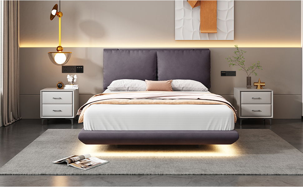 Upholstered Platform Bed With Sensor Light And 2 Large Backrests, With 2 Sets Of USB Port And Socket On Each Rear Bed Leg