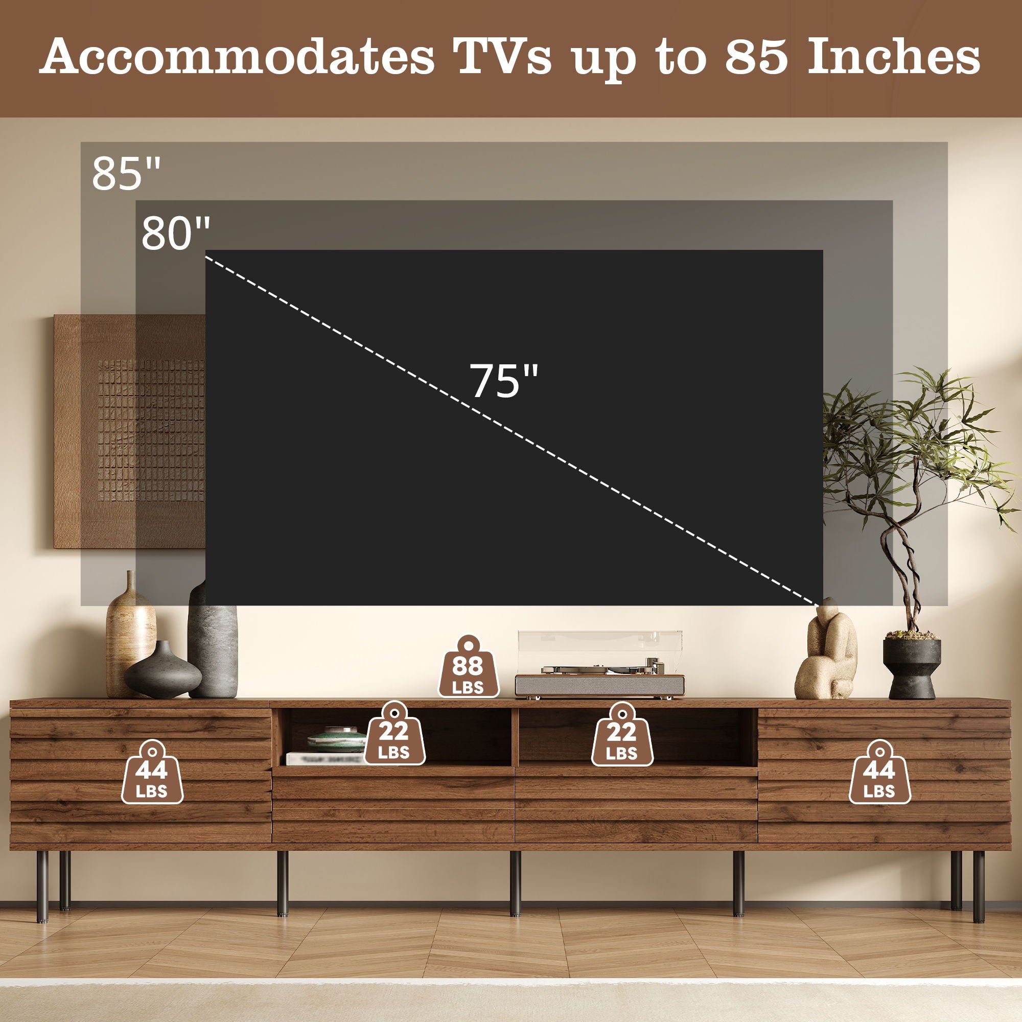 TV Stand For TVs Up To 85" With Closed Storage, Soft Closing Hinges - Walnut