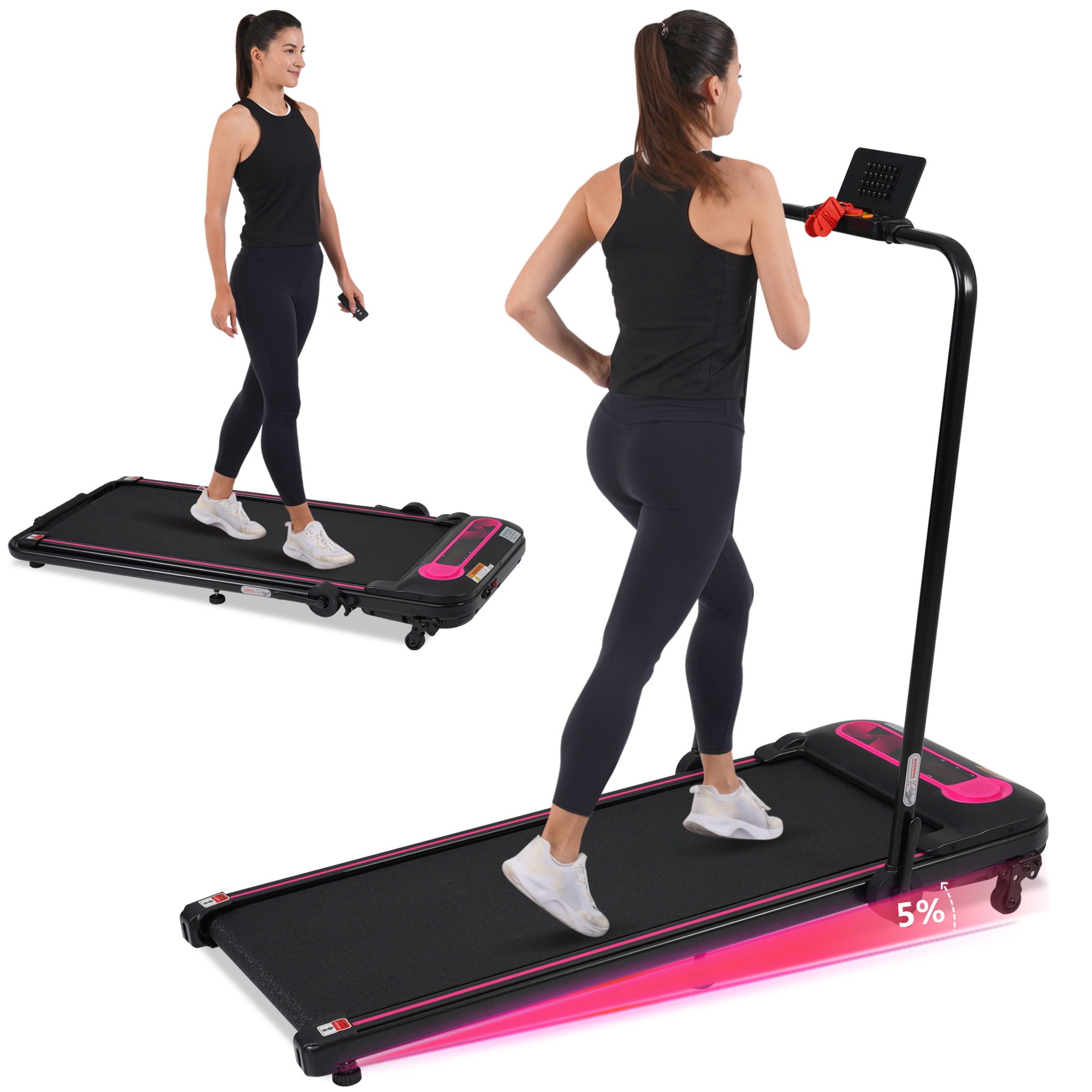 Folding Walking Pad Under Desk Treadmill For Home 2 Ways To Adjust Speed - Pink / Black