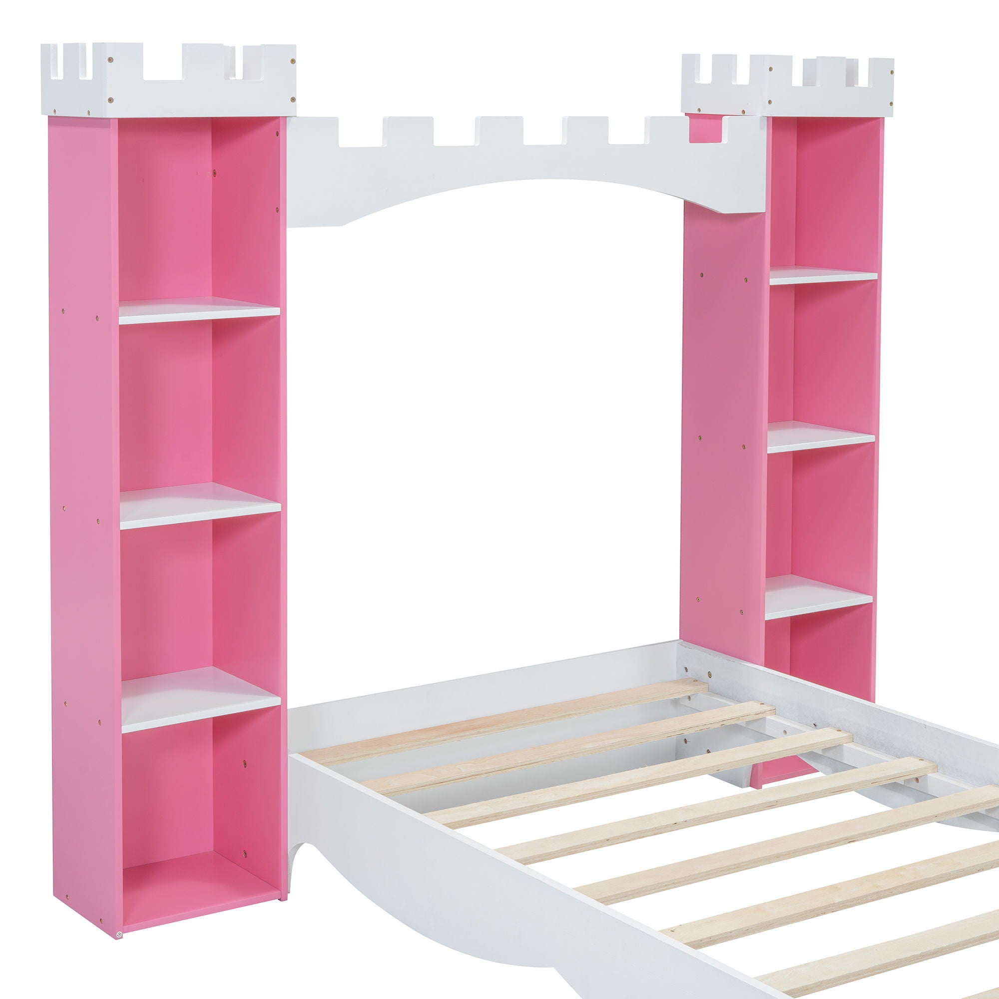 Castle Shaped Bed With Storage Shelf, Dreamy Platform Bed For Kids Bedroom
