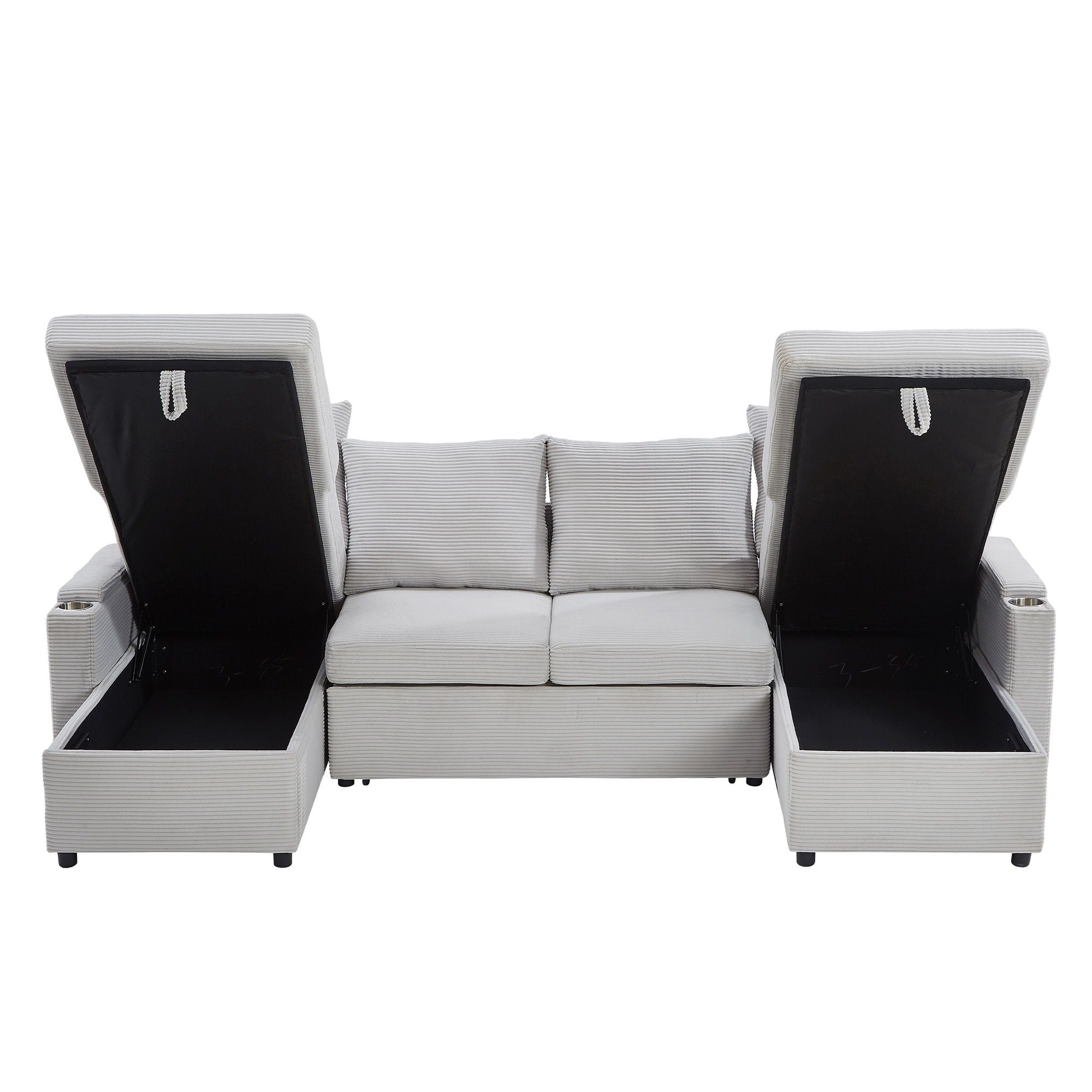 U Shaped Sectional Sofa Bed With Storage Chaise Lounges, USB Ports, And Cup Holders