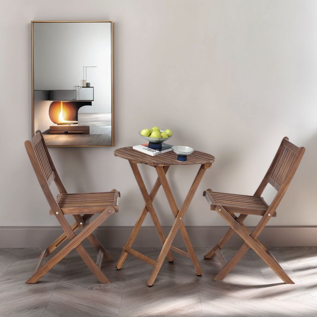 3 Piece Acacia Bistro Set, Folding Patio Furniture With 1 Coffee Table And 2 Foldable Chairs