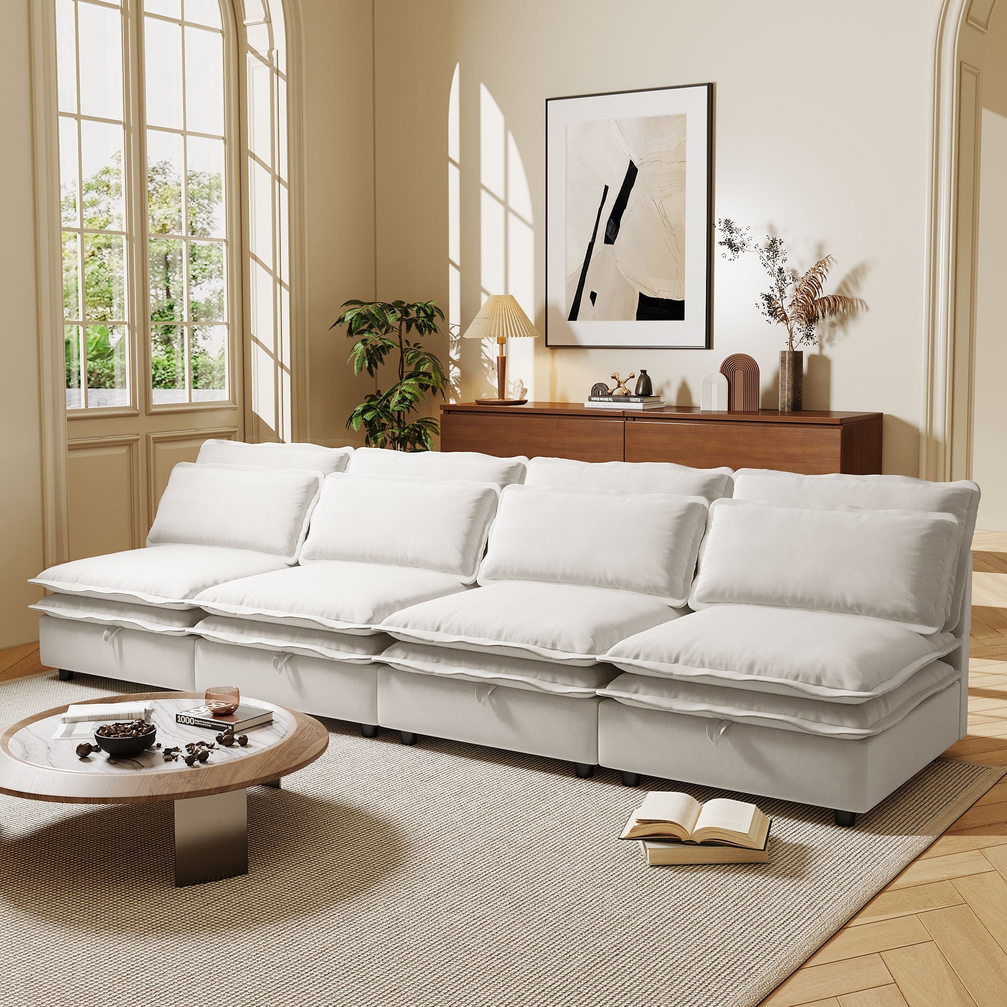 Double-Layer Cushion Modular Sofa 4-Seater with Storage Function