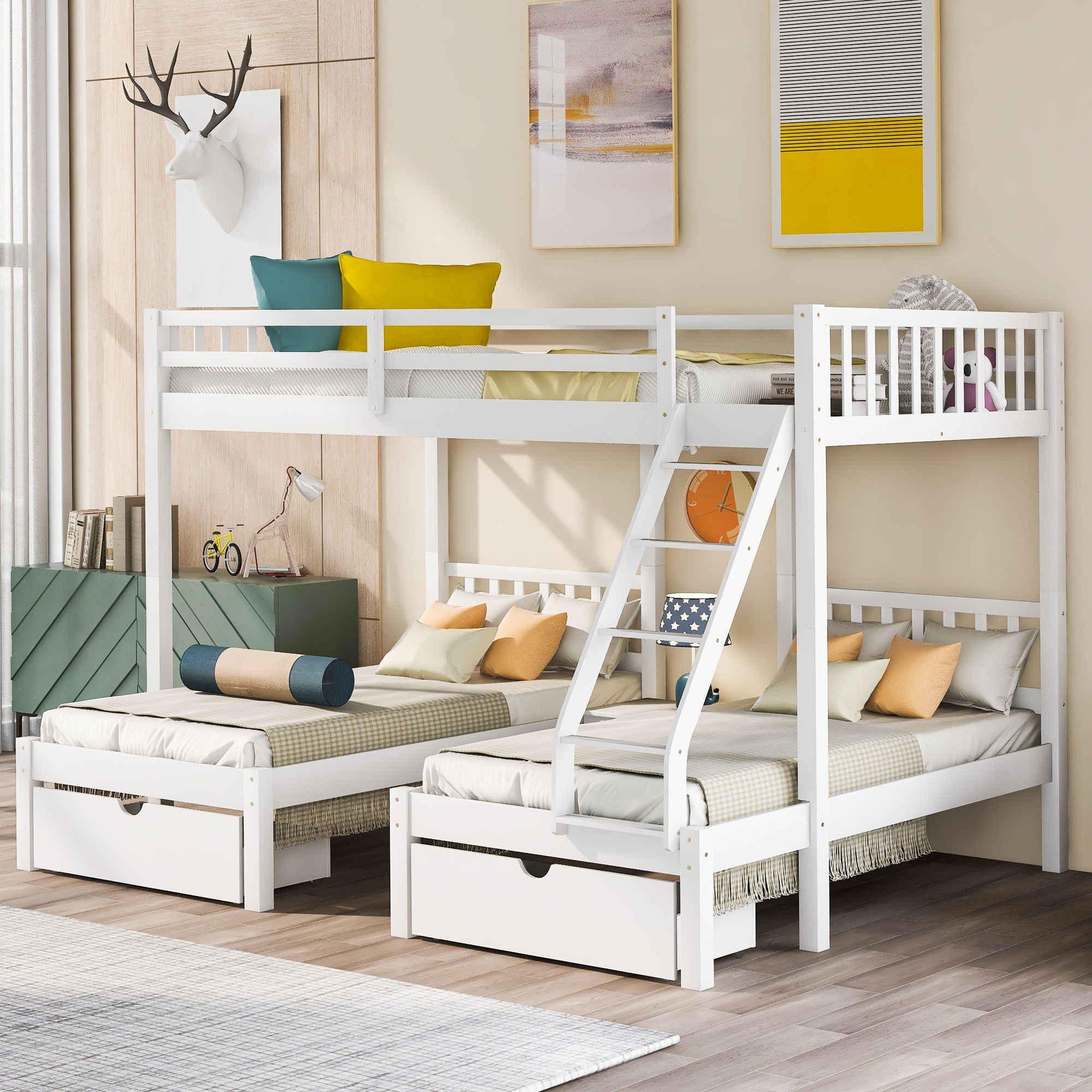 Triple Bunk Bed With Drawers And Guardrails