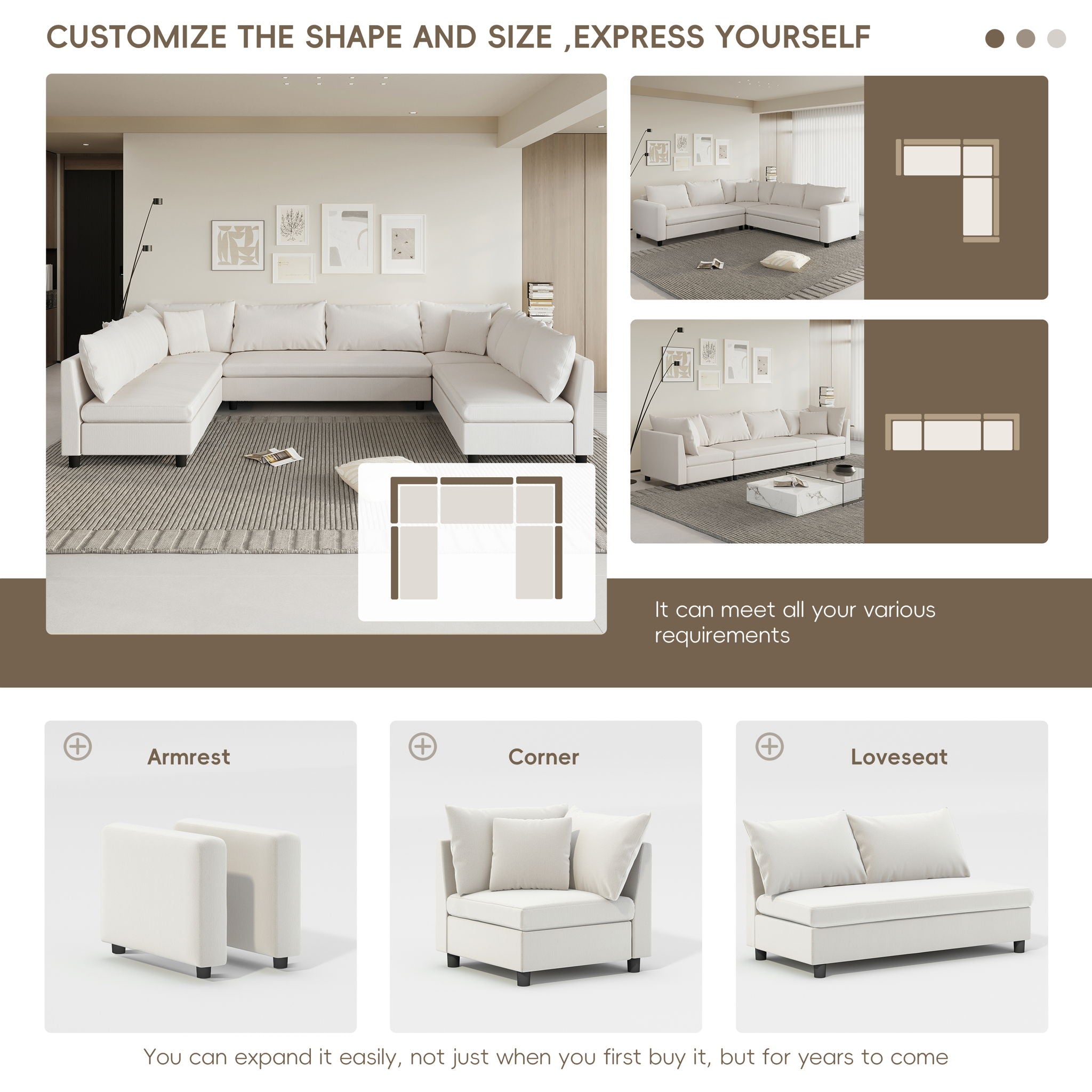 Modular Sectional Reversible U Shaped Couch Set, Free Combination Minimalist Style Oversized 8 Seat Convertible Sofa - Best Buy Furniture