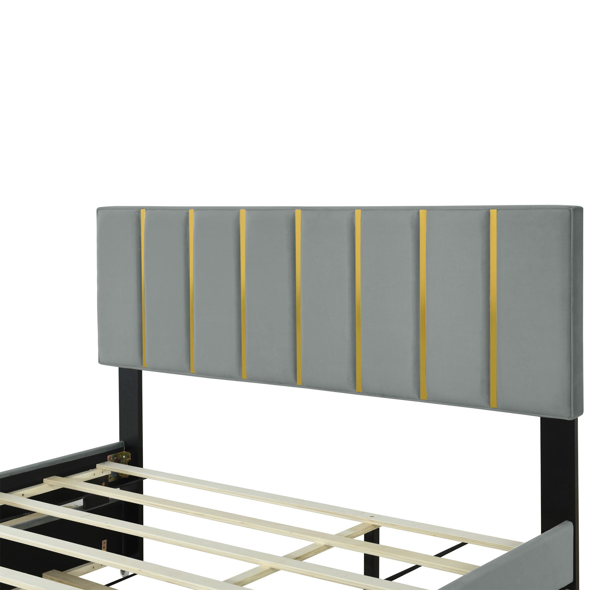 Upholstered Platform Bed With 2 Drawers And 1 Trundle, Classic Strip Headboard Design