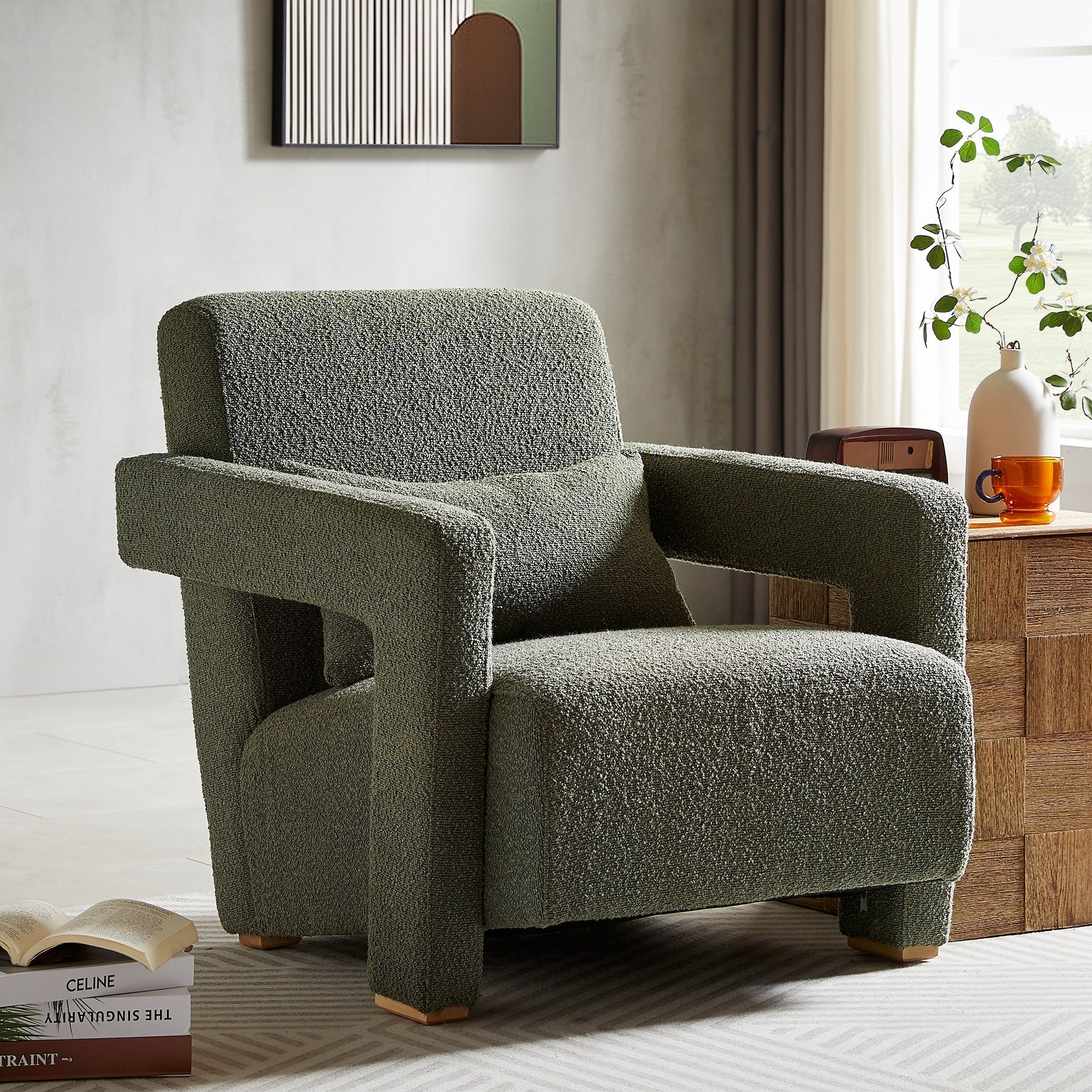 Upholstered Accent Chair with Wood Legs and Open Arms