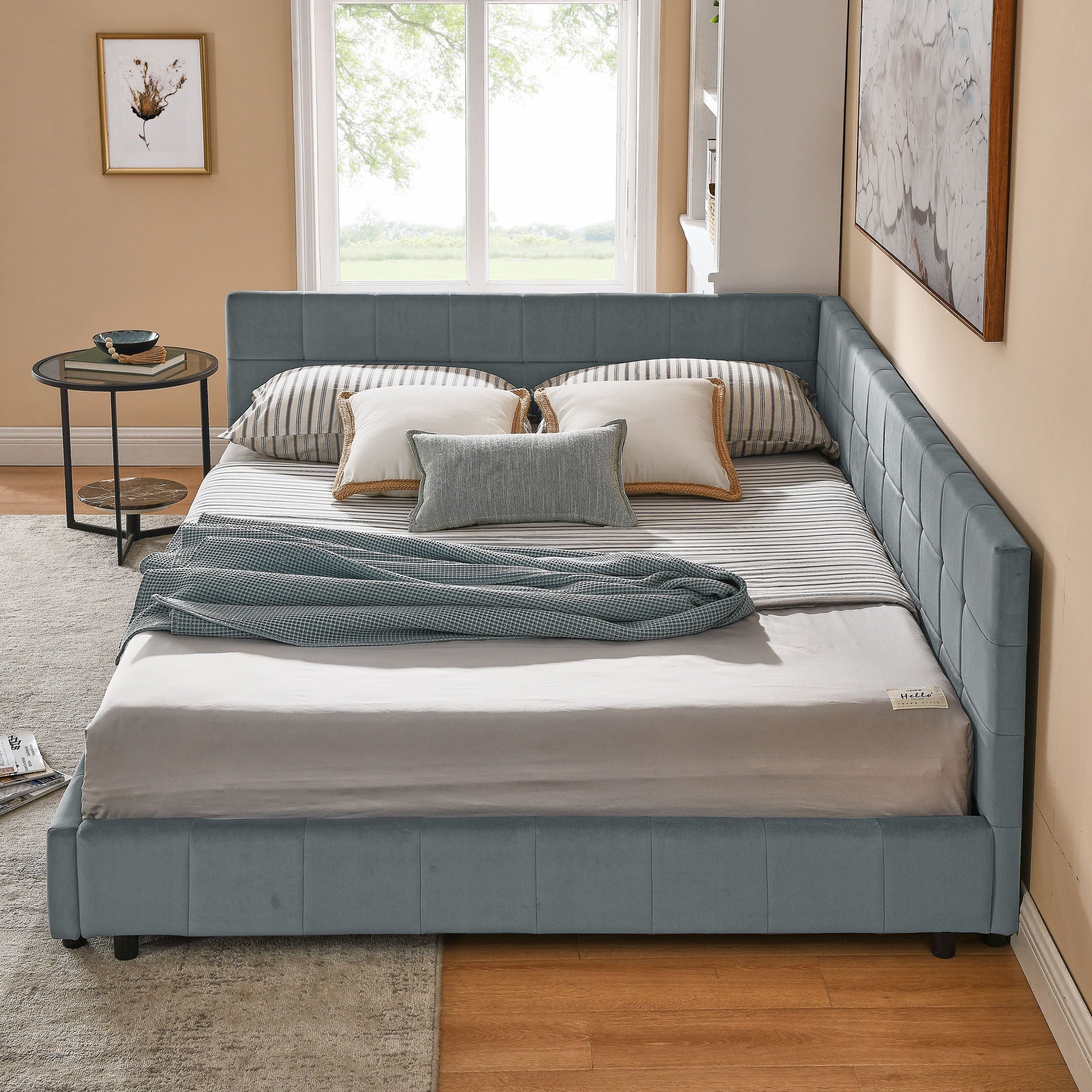 Mid-Century Storage Upholstered Tufted Bed Frame With Backrest And Armrests