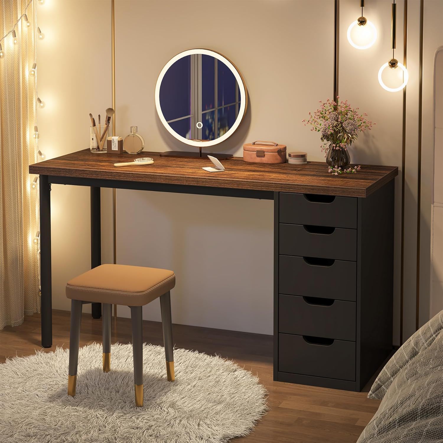 Computer Desk With 5 Drawers, Reversible Cabinet Design