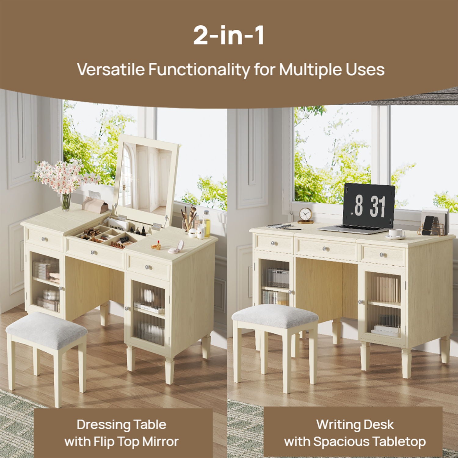 Multi Functional 2 In 1 Vanity Desk With Flip Top Mirror Material - White Oak - Best Buy Furniture