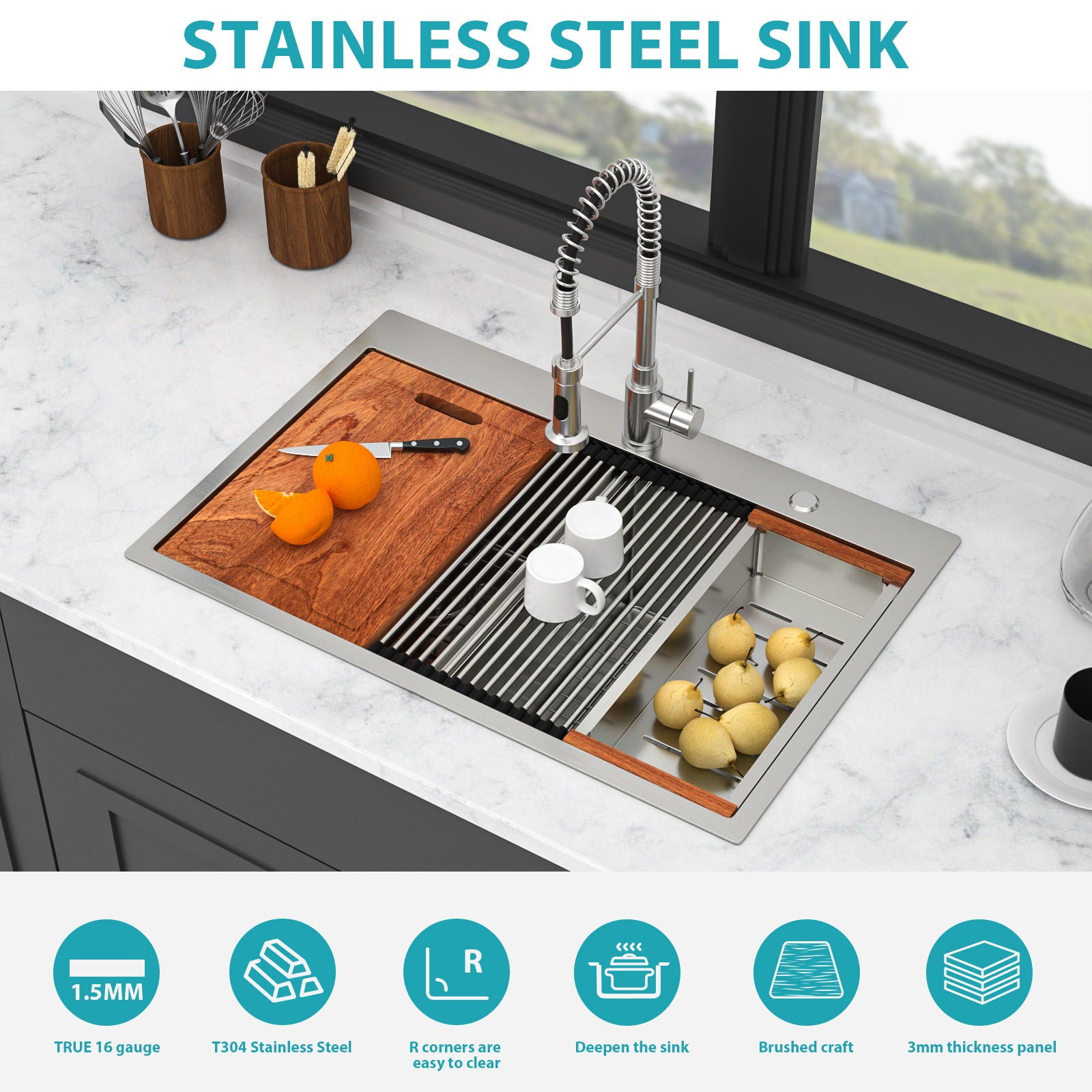 Topmount Drop In Kitchen Sink, Double Bowl 50 / 50 - Brushed Nickel