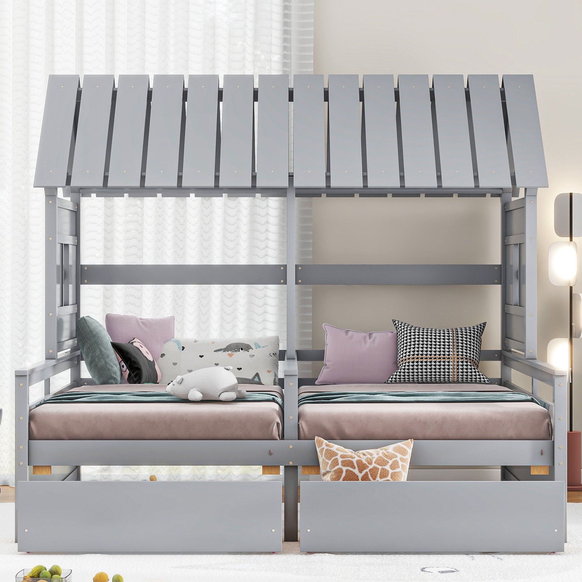 House Platform Beds With 2 Drawers, Side By Side Design