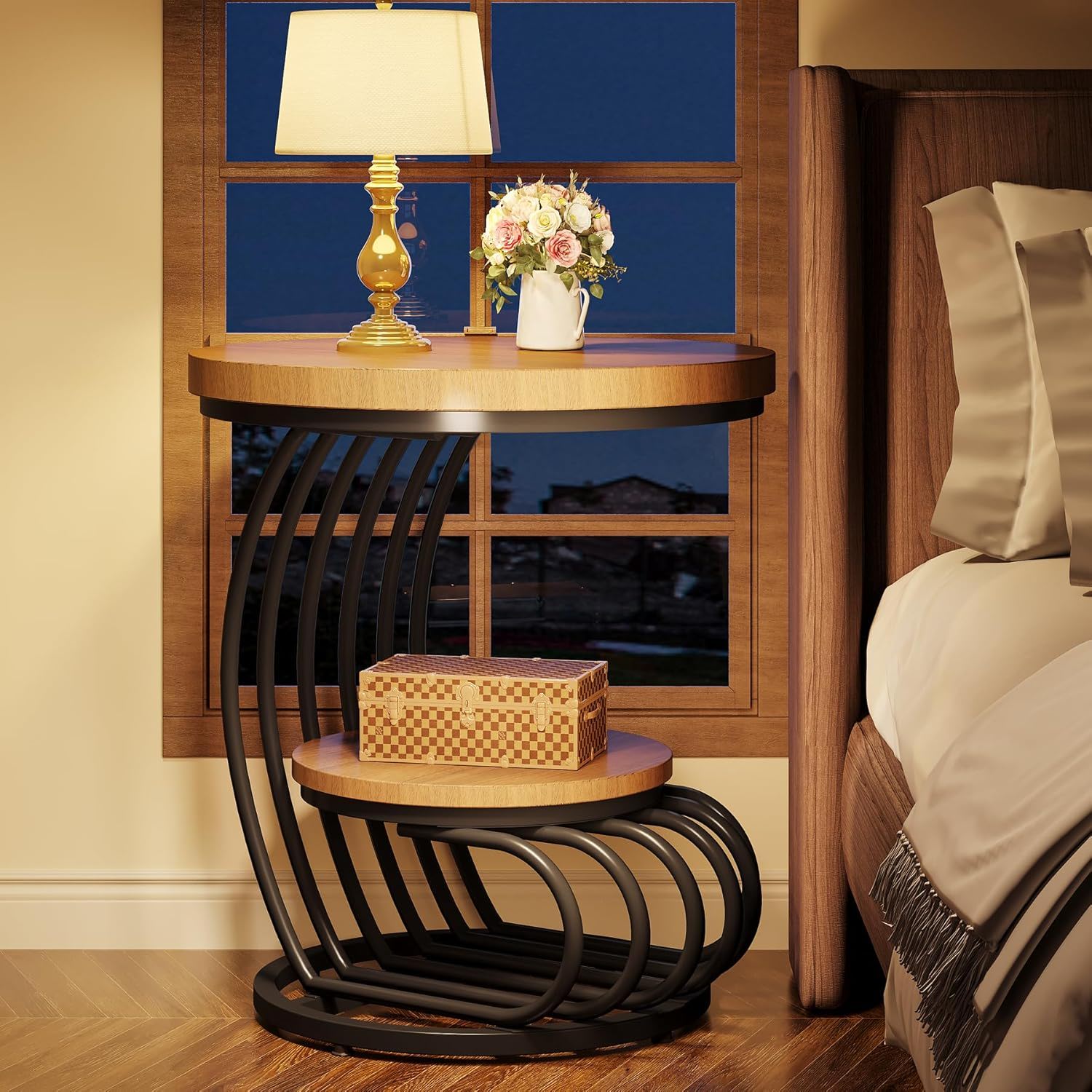 Round Vintage End Table With 2 Tier Storage