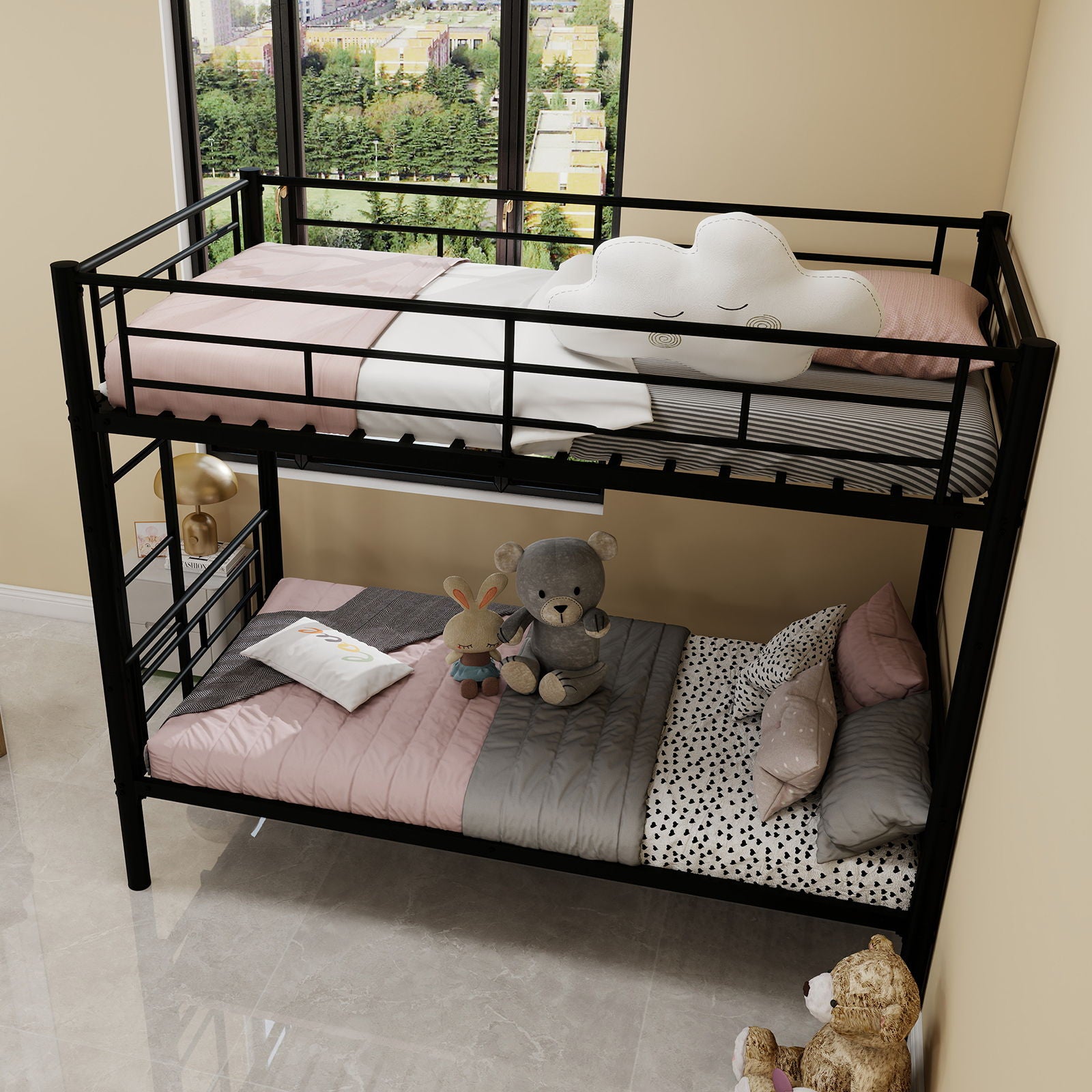 Metal Bunk Bed For Kids, Convertible Bedframe With Ladders & Guardrail