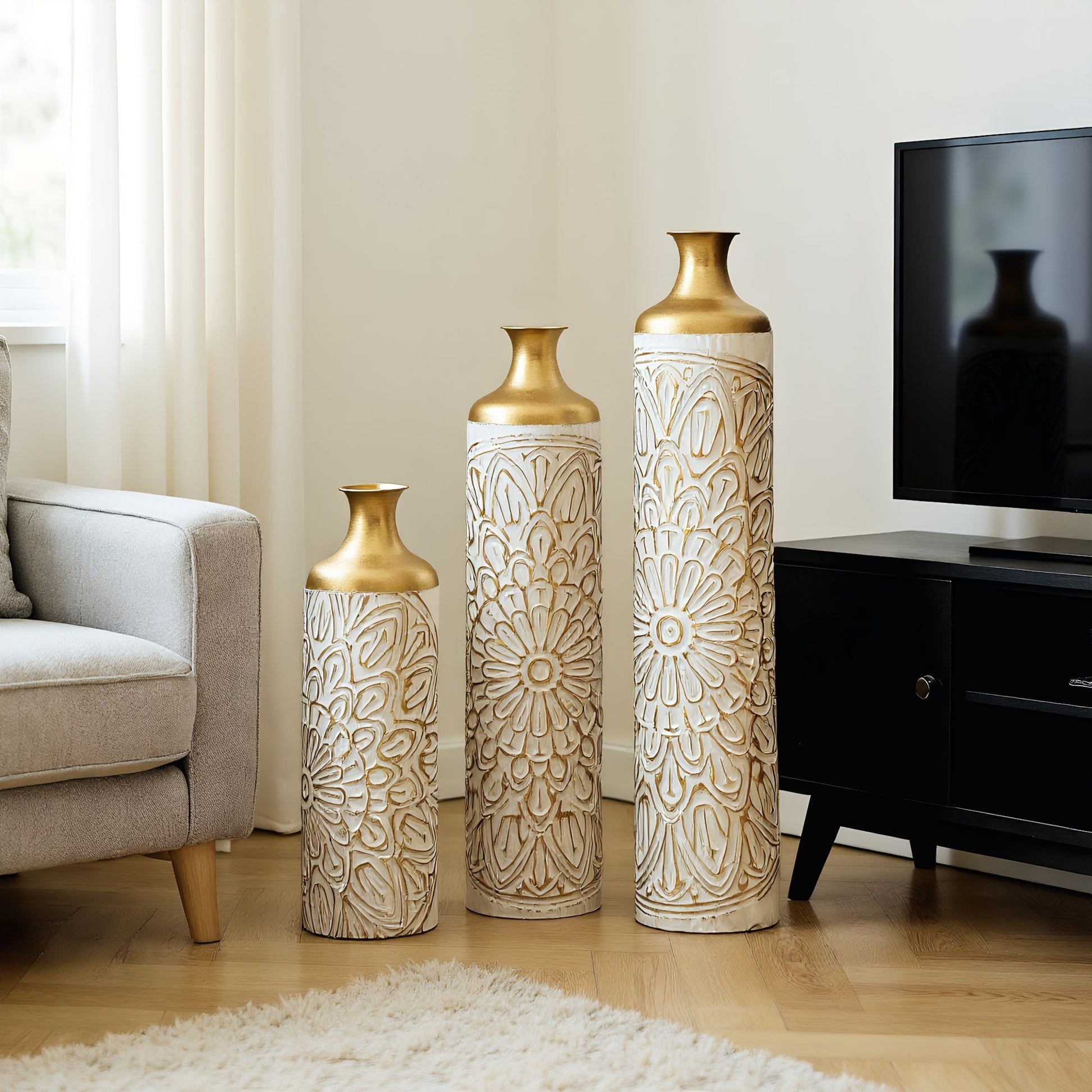 3 Piece Home Decoration Large Glazed Floor Vase Decoration Home Droplet Shaped - Gold / White - Best Buy Furniture