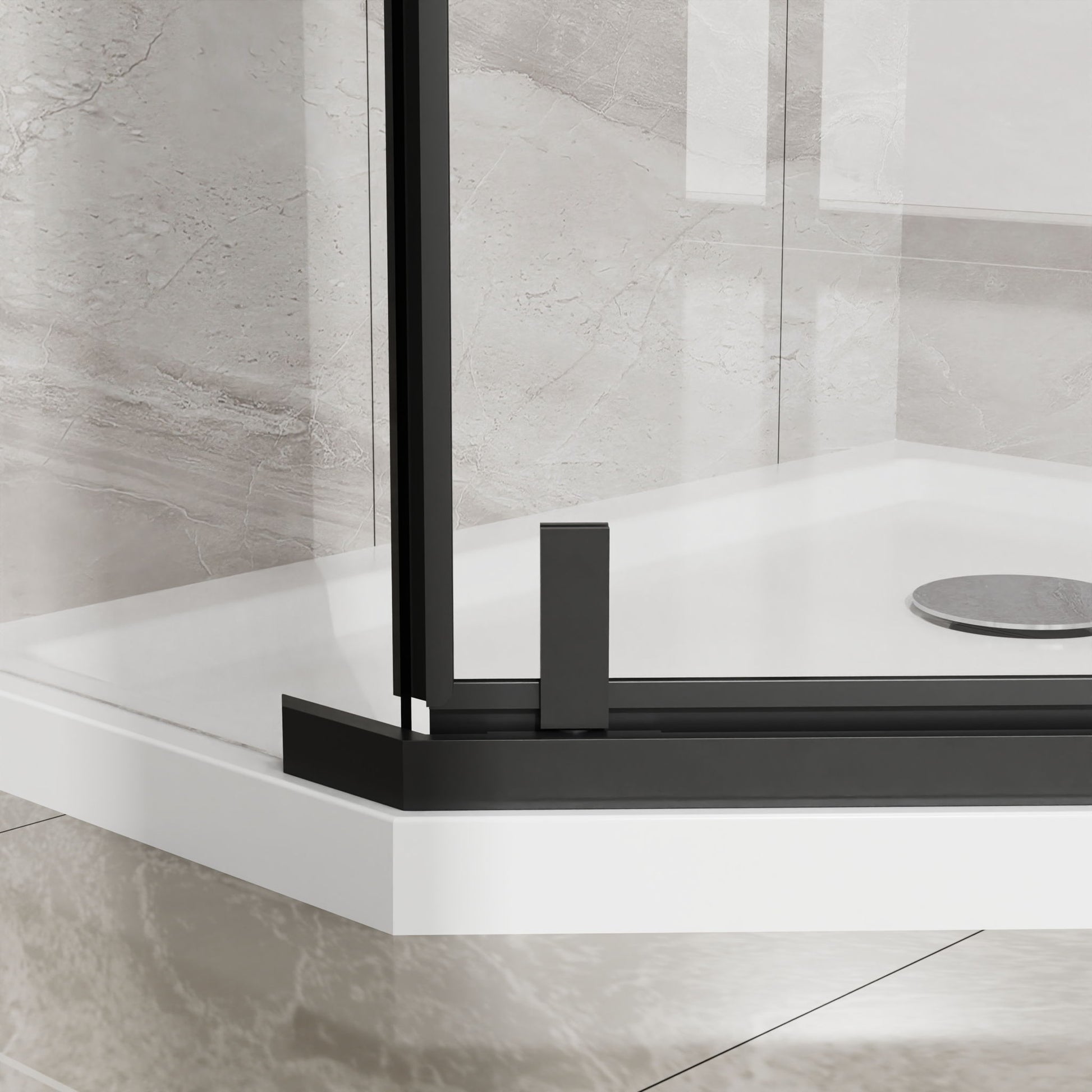 Neo Angle - Frameless Shower Door With White Acrylic Shower Base Combo - Matte Black - Best Buy Furniture
