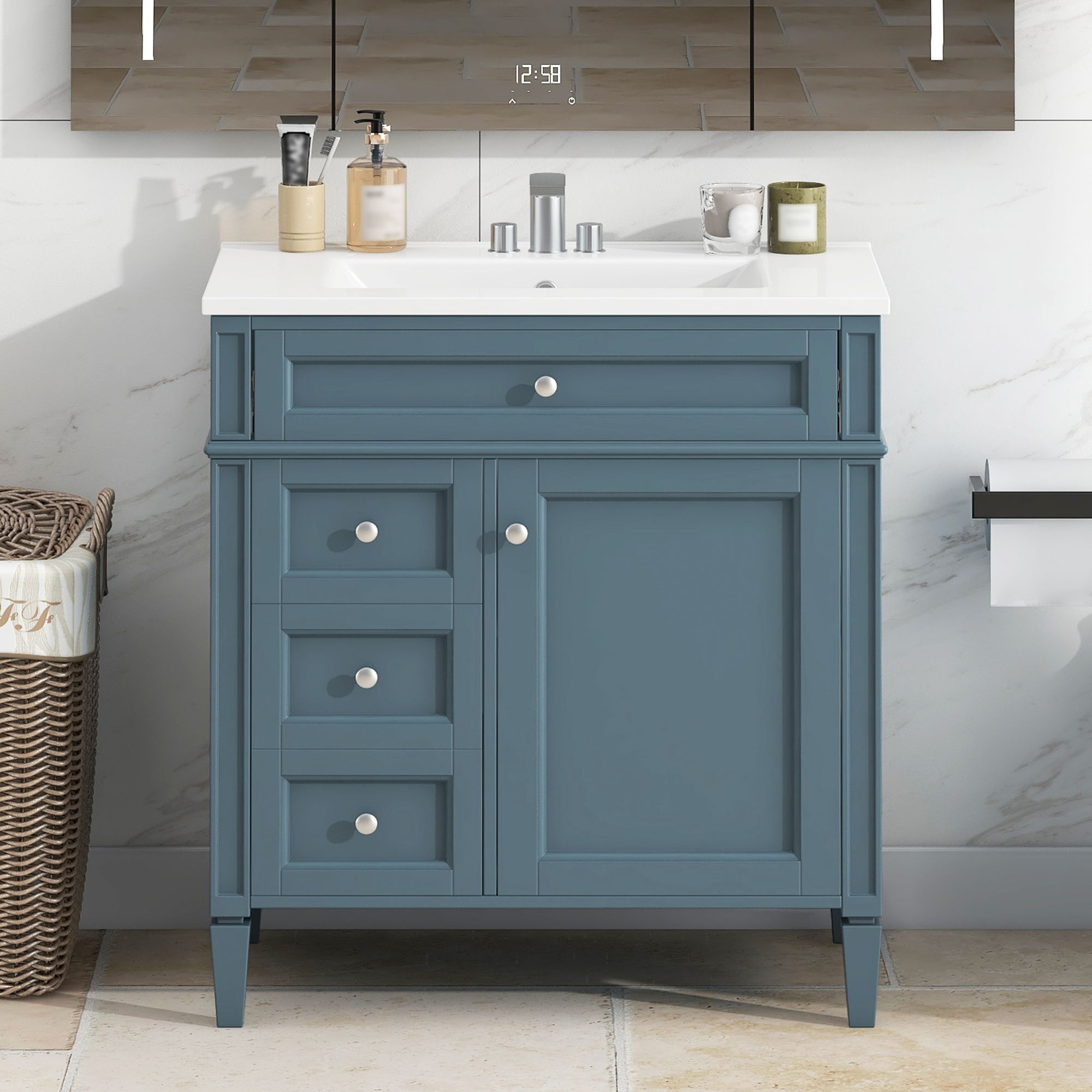 Bathroom Vanity With Top Sink, Storage Cabinet With 2 Drawers And Tip Out Drawer, Rectangular Design - Blue