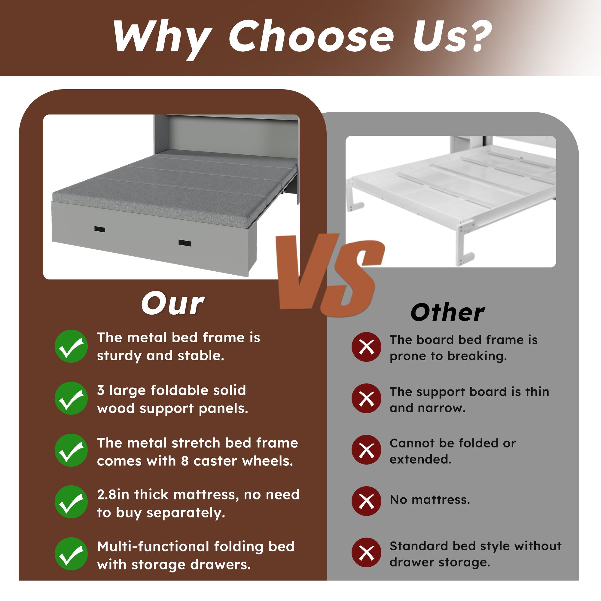 Murphy Bed With Storage Drawers And Charging Cabinet, Foldable Panels, Swivel Wheels