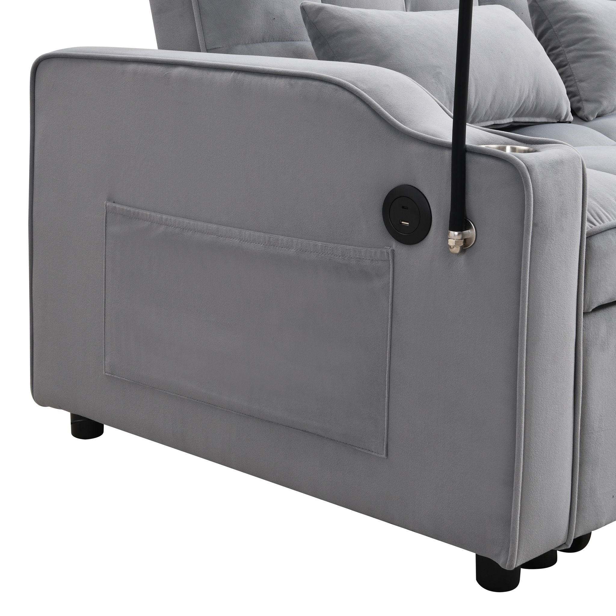 Modern Velvet Loveseat With Pullout Bed, Adjustable Reclining Backrest