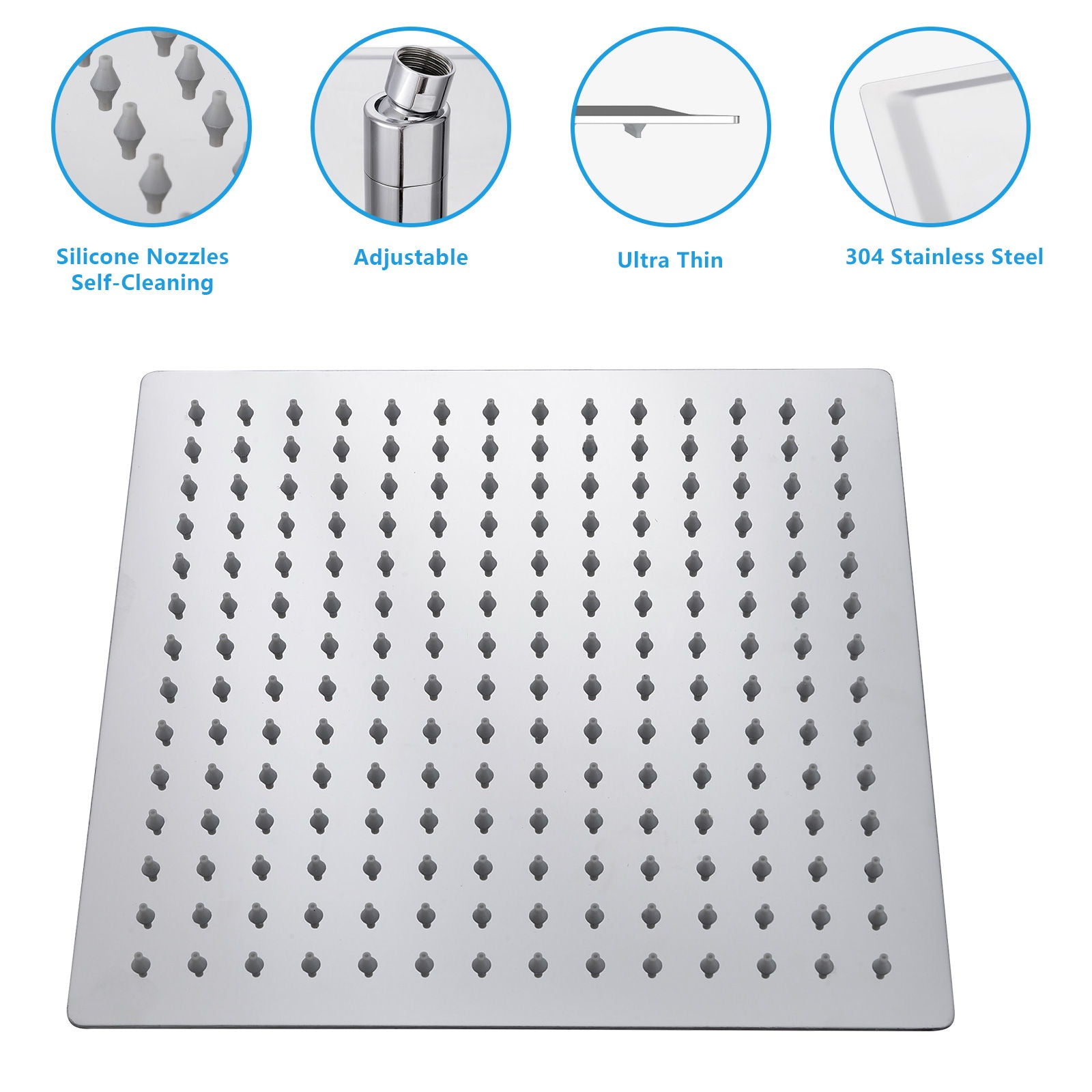 16" Square Rainfall Shower Head Fixed Wall Mount With Full Body Coverage & Self Cleaning Silicone Nozzles