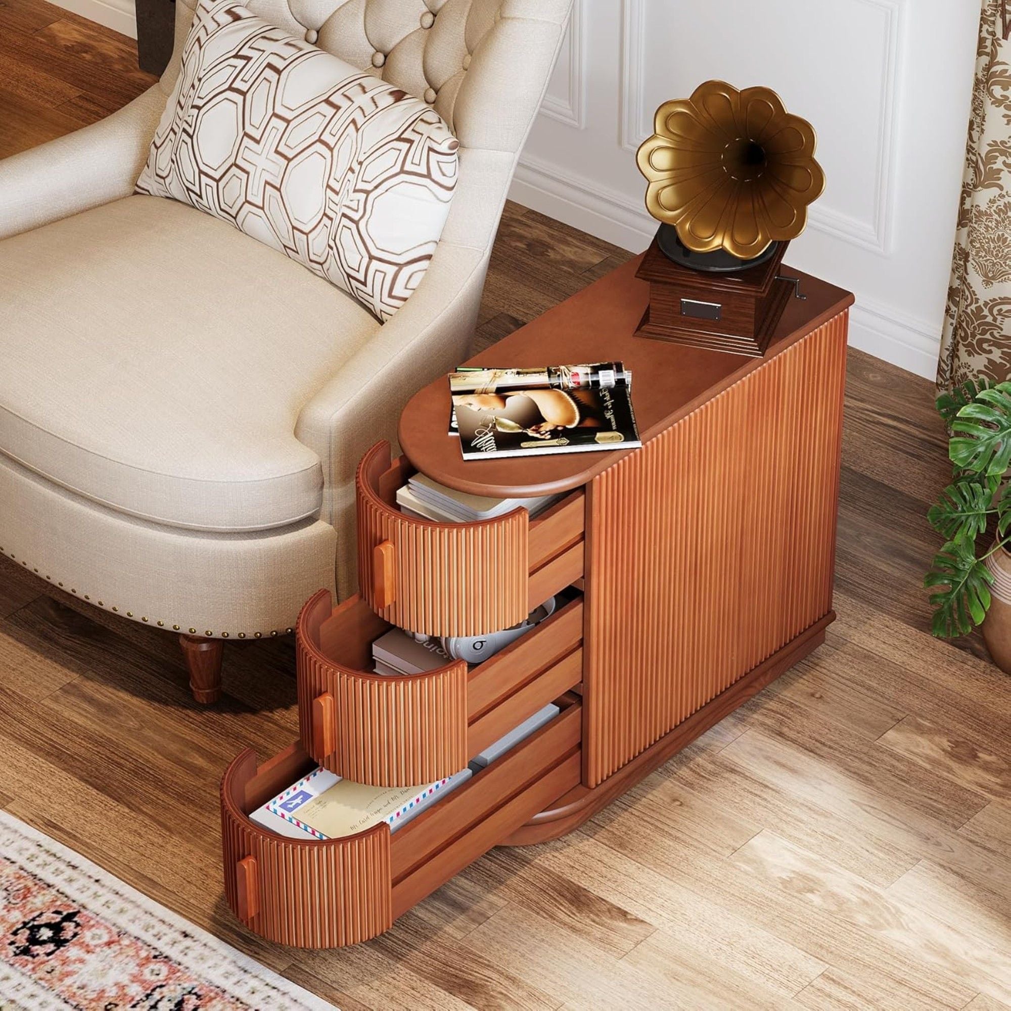 3 Drawer End Table, Semi Oval For Living Classic Accent Furniture - Walnut