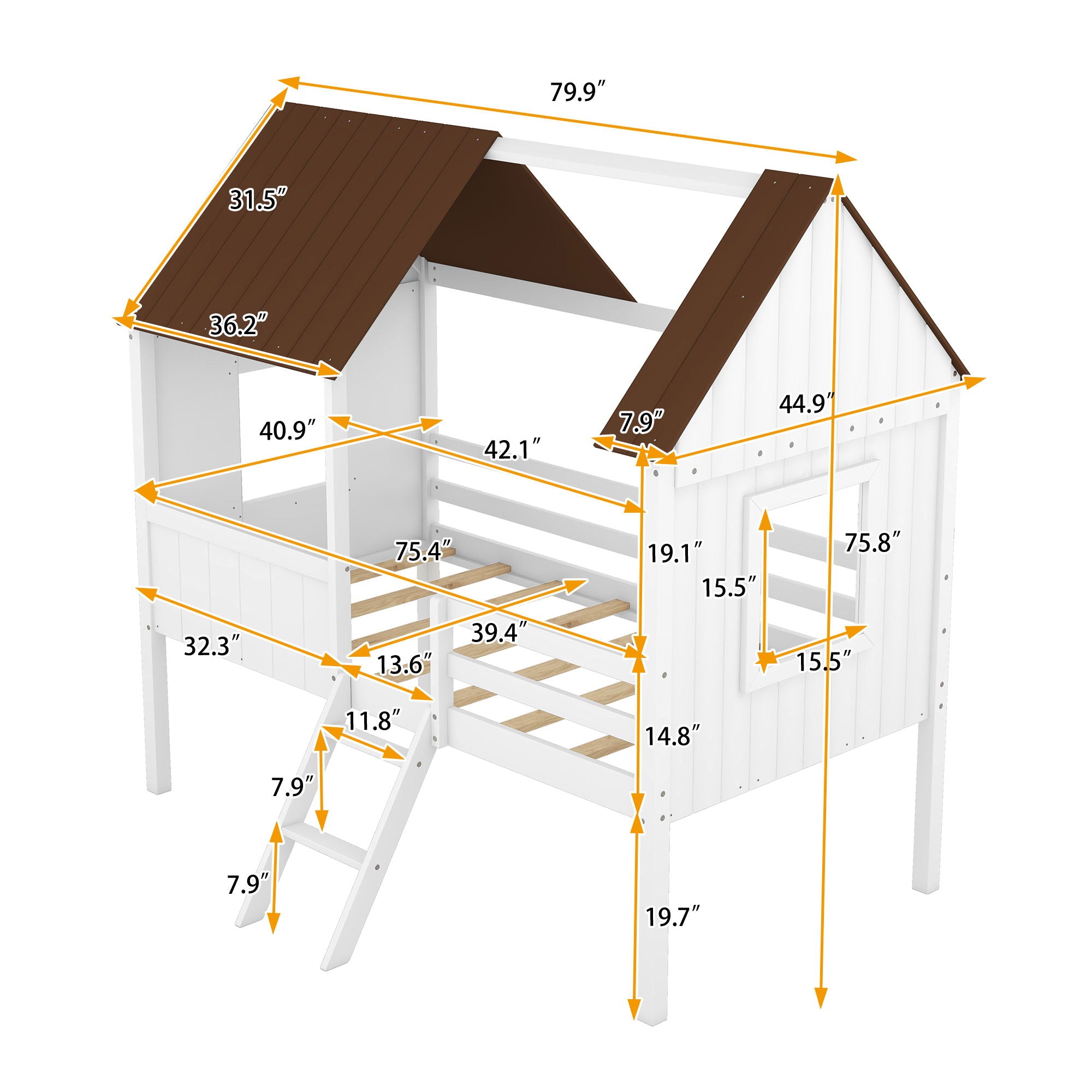 Low Loft Wooden House Bed With Two Side Windows