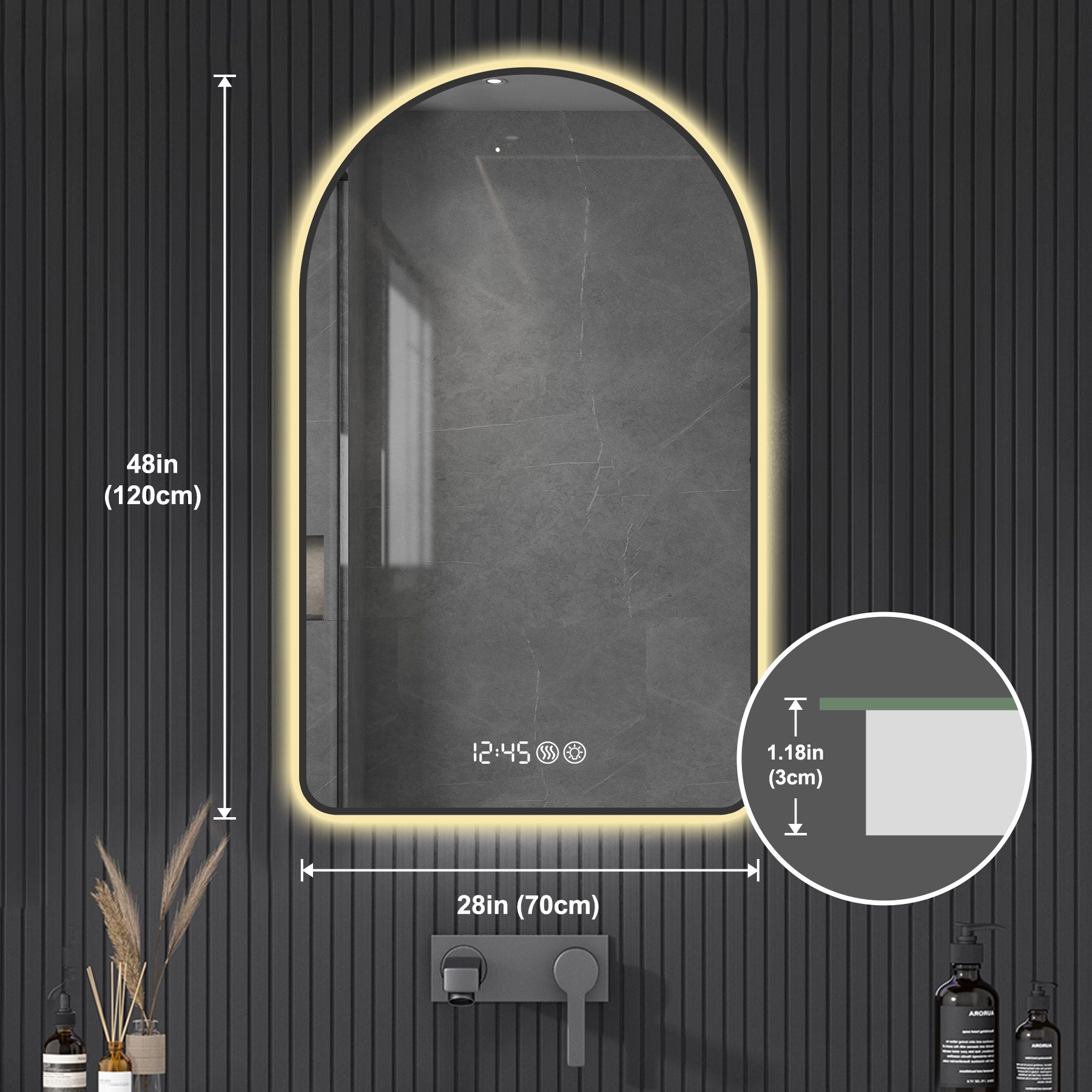 Modern Arched LED Bathroom Mirror With Time And Temperature Display, Anti Fog, Dimmable Light - Black - Best Buy Furniture