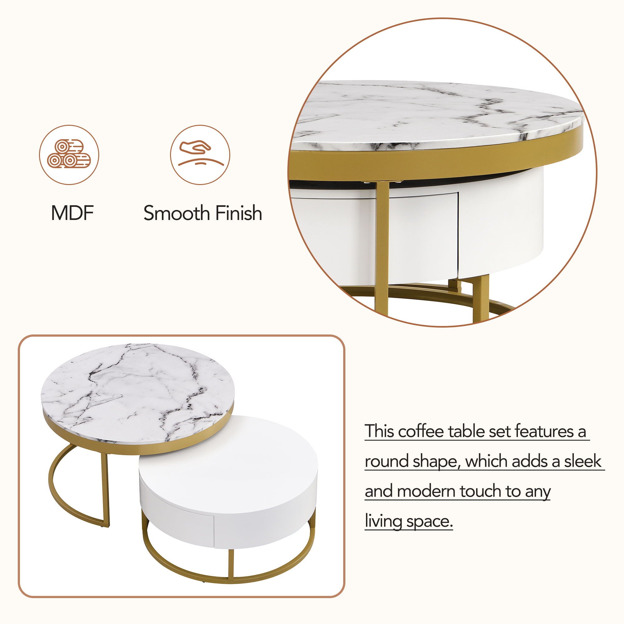 Round Nesting Coffee Table With Drawers - Golden / White