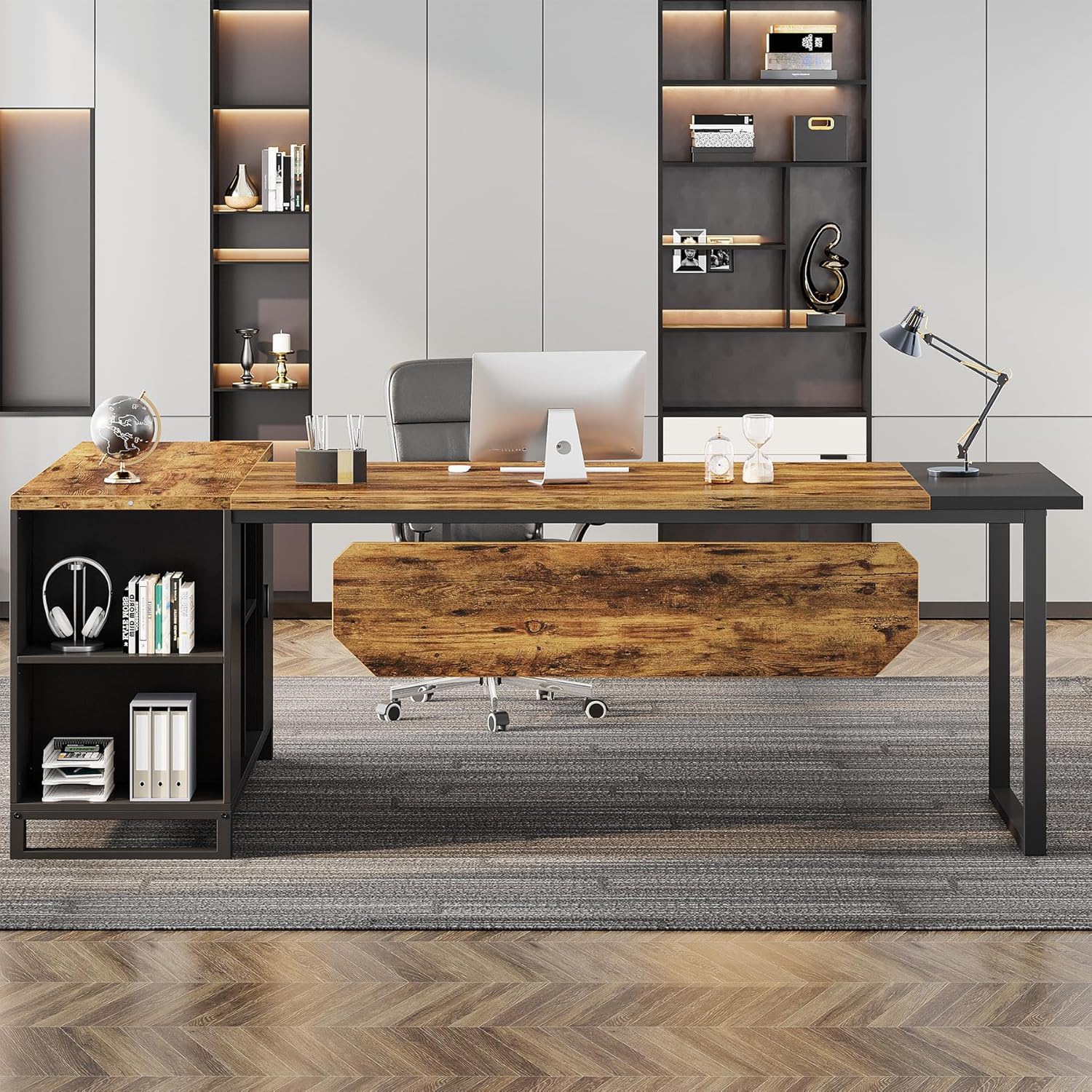 L-Shaped Executive Desk With File Cabinet, Computer Workstation With Storage