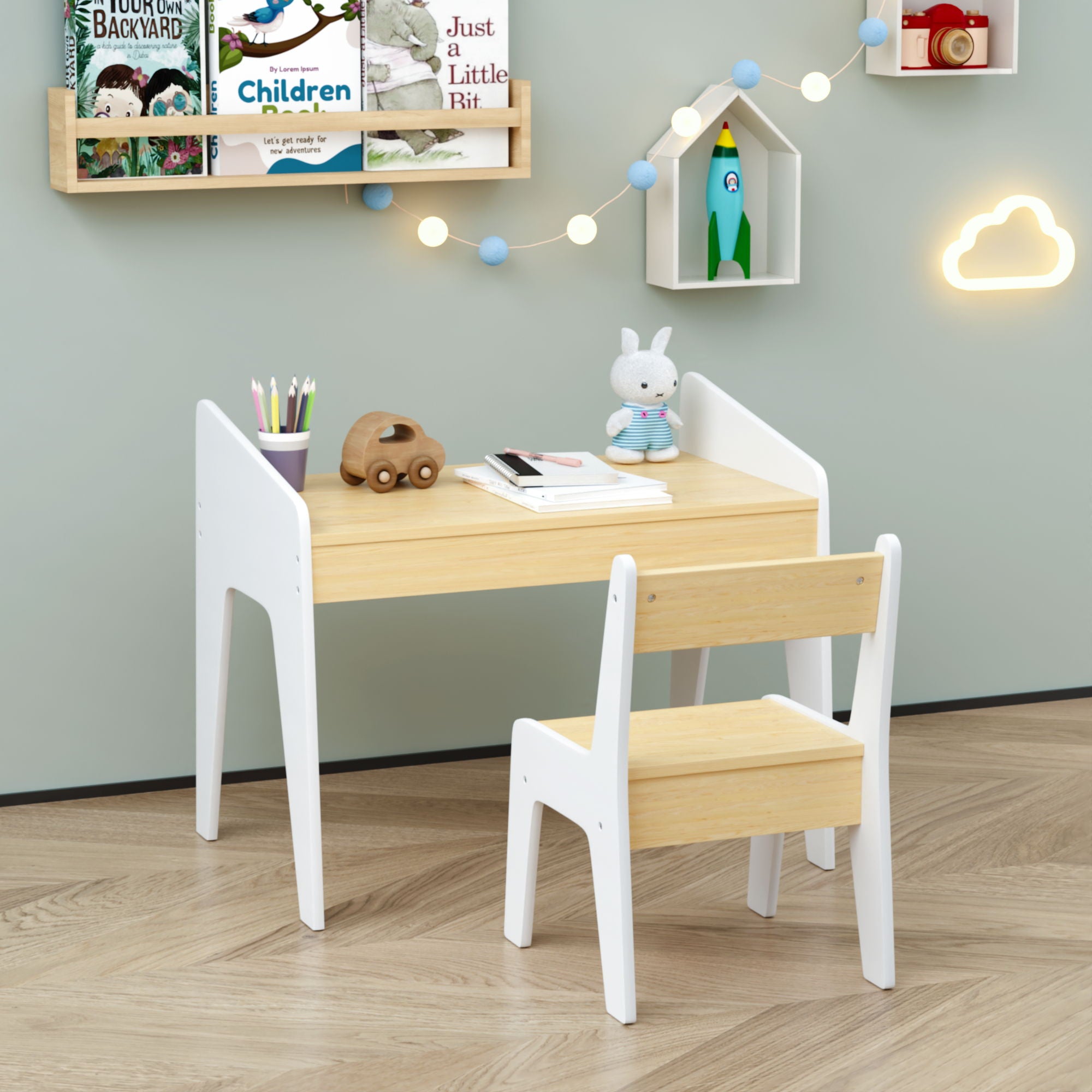Table Set With 1 Chair, Children Study Table For Ages 2 - 8 - White