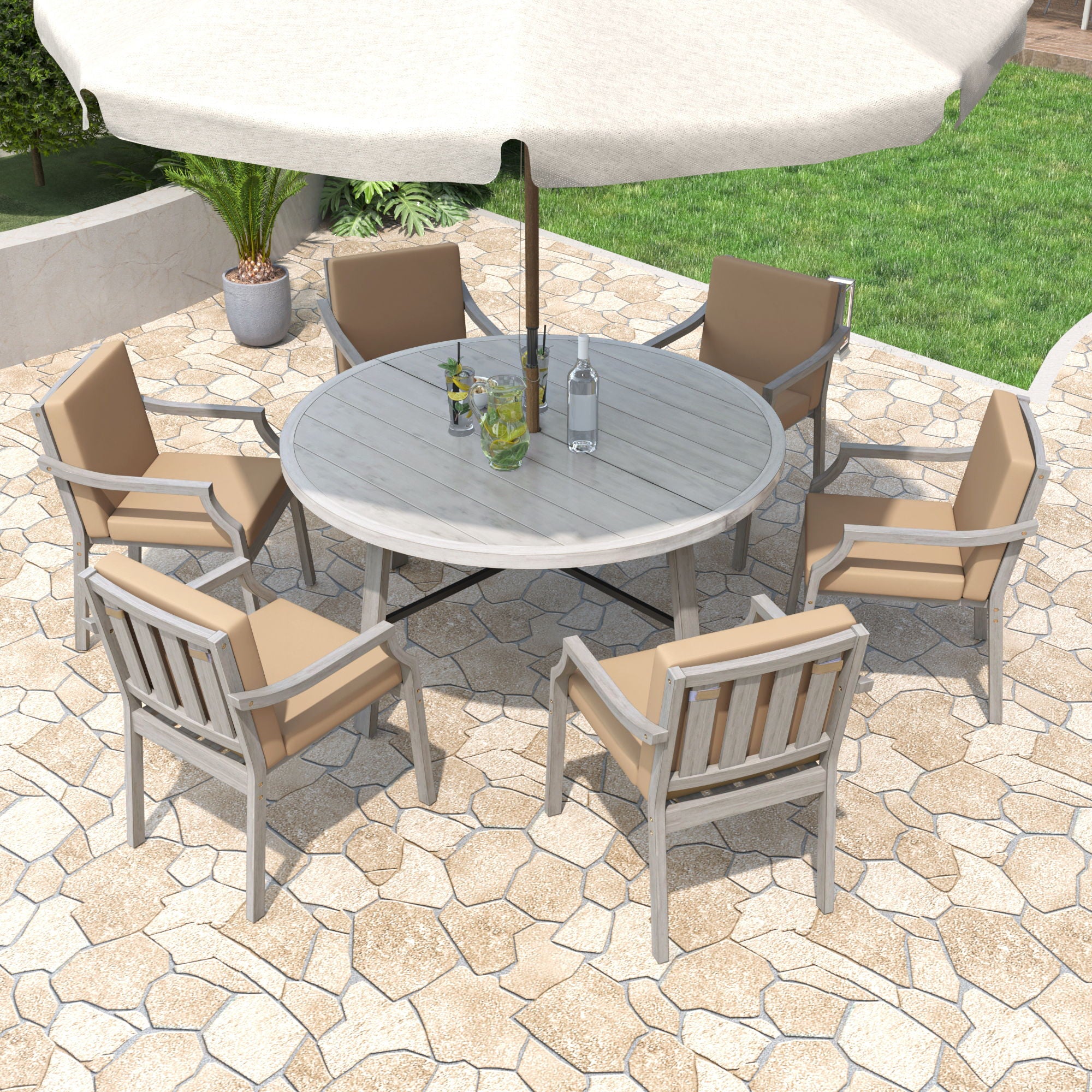 6 Person Outdoor Dining Set With Umbrella Hole And Removable Cushions For Patio - Gray