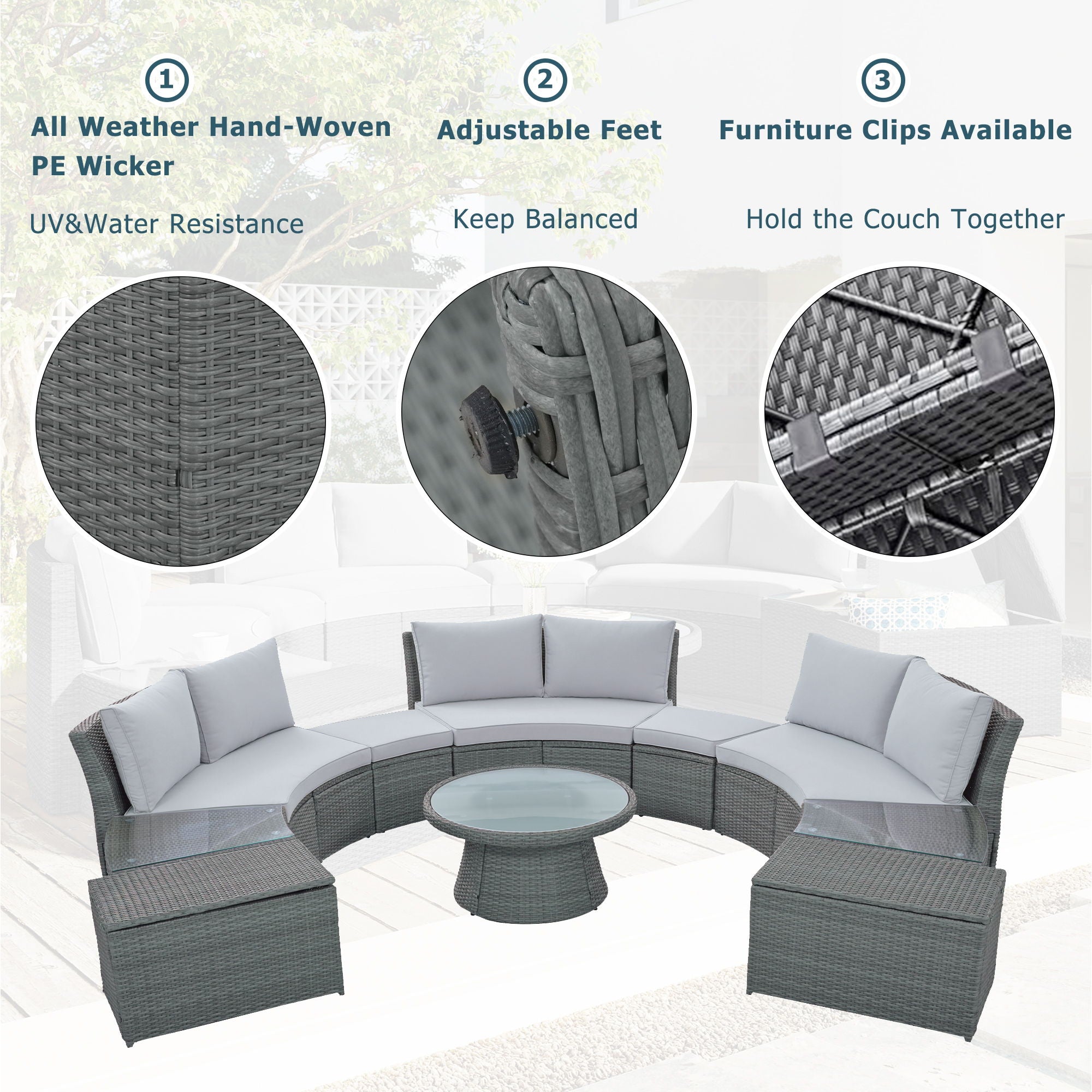 10 Piece Outdoor Sectional Half Round Patio Rattan Sofa Set