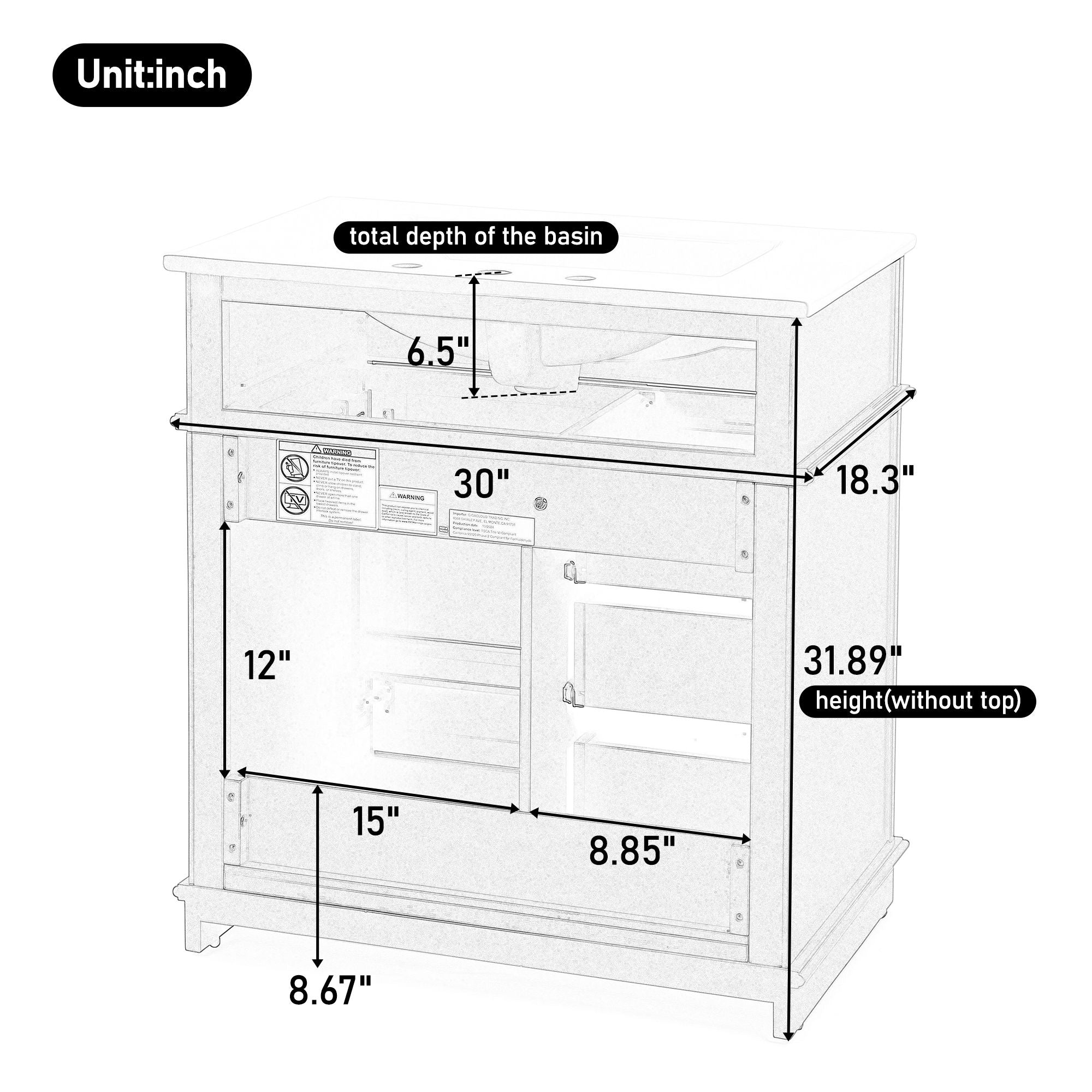 Freestanding Bathroom Vanity With Sink, Soft Closing Door, Tip Out Drawer