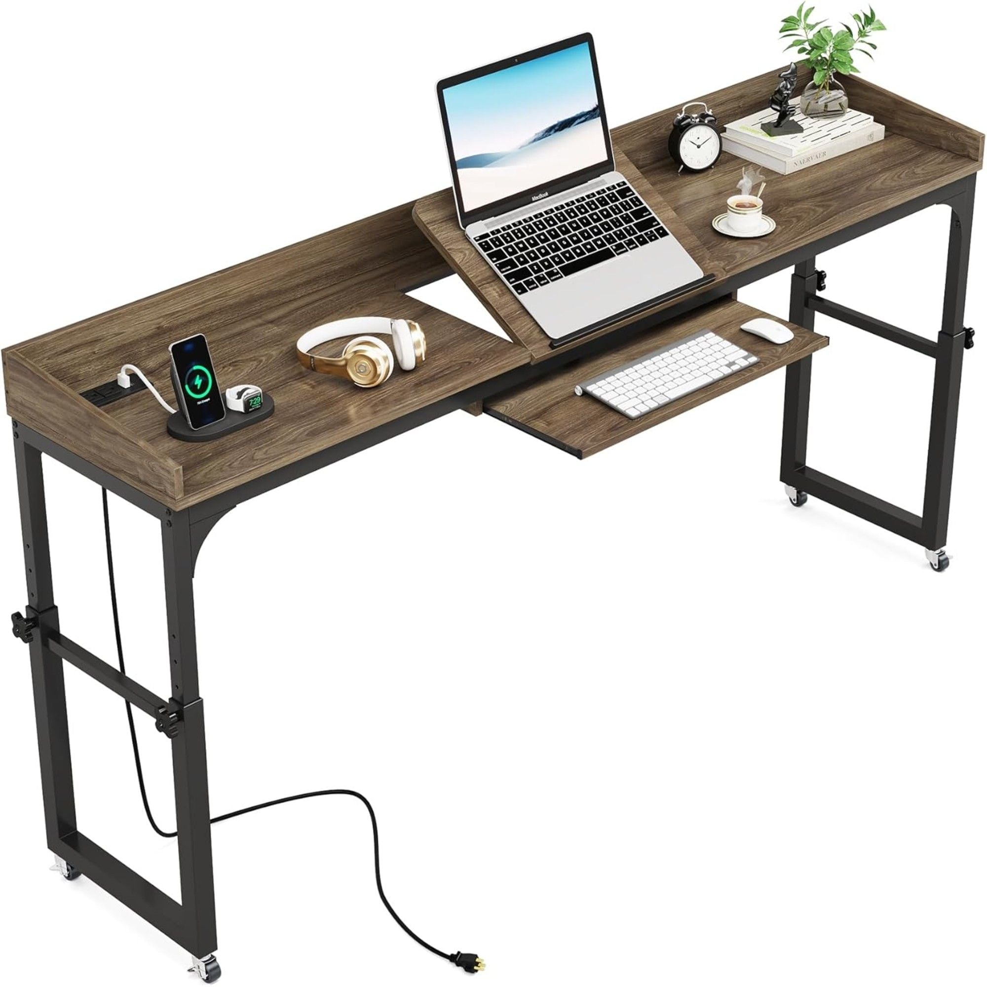 Adjustable Overbed Table With Wheels, Queen Size Mobile Desk - Dark Gray