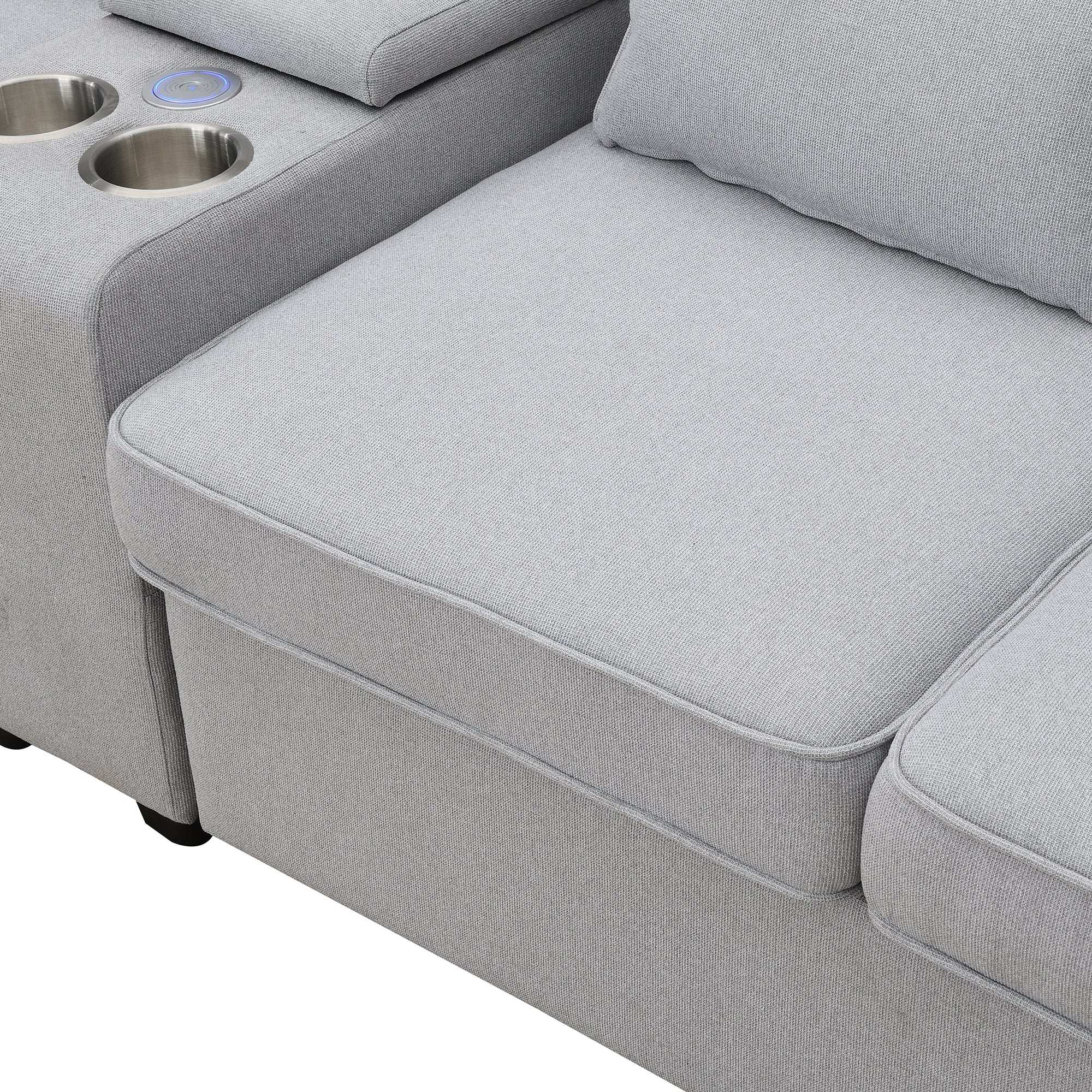 114.2" Modern Upholstered Sofa with Console, 4 Seats, Linen Fabric - Best Buy Furniture