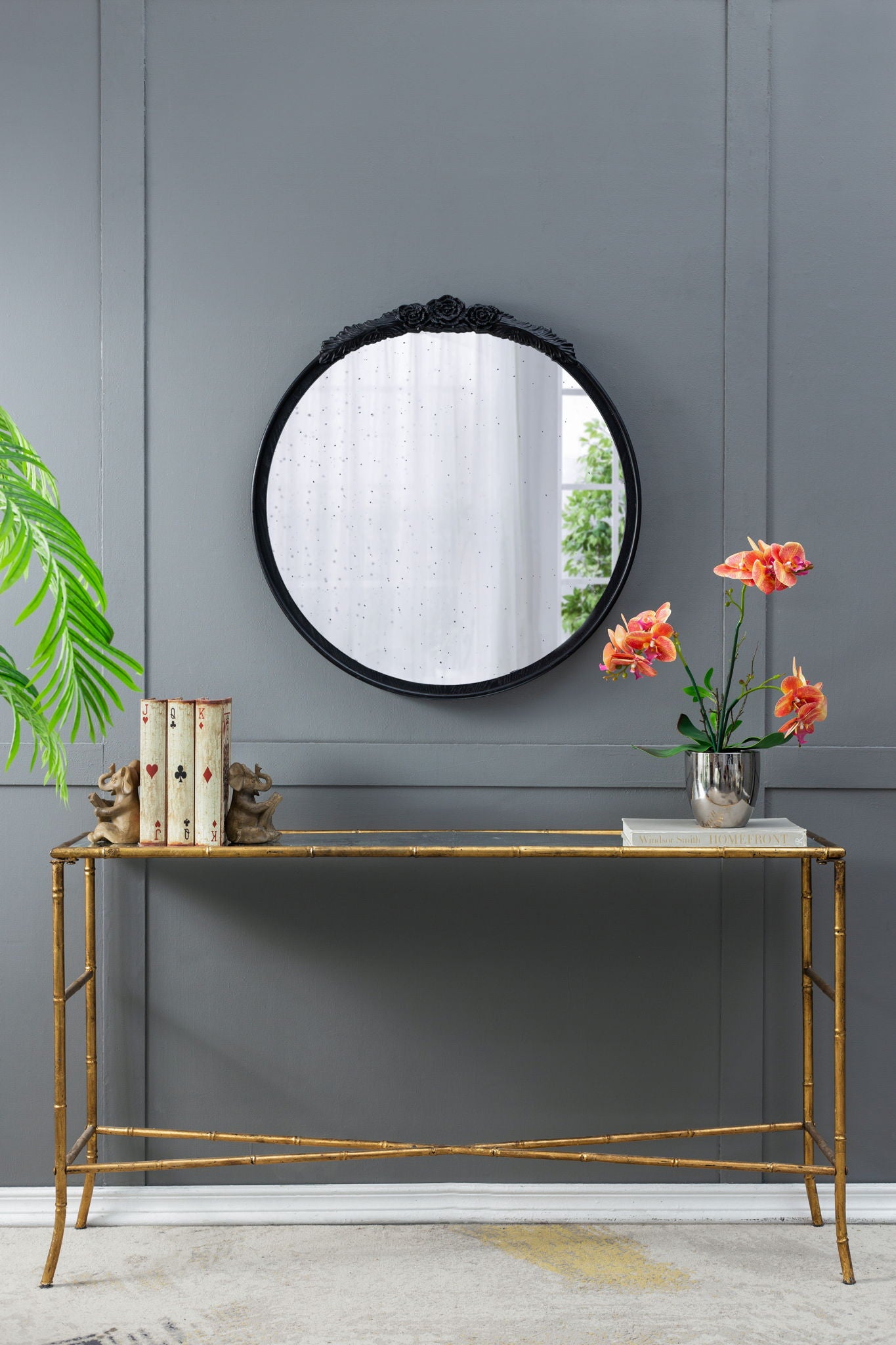 Round Hand Carved Rose Antique Mirror Frame, Wall Mirror For Live Space