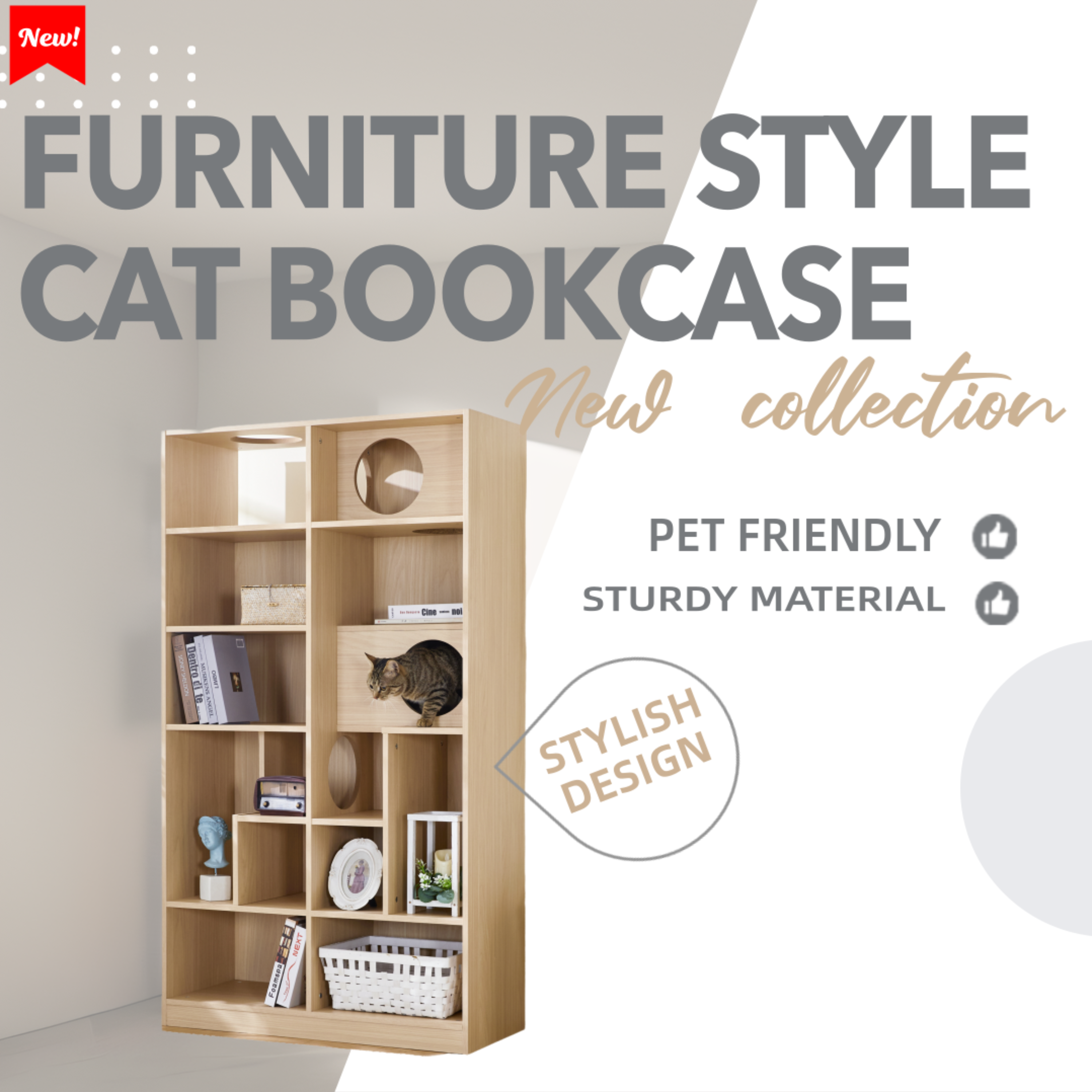 Furniture Style Cat Bookcase Cat Tree Shelves Natural Particle Board MDF 63.5 Inch