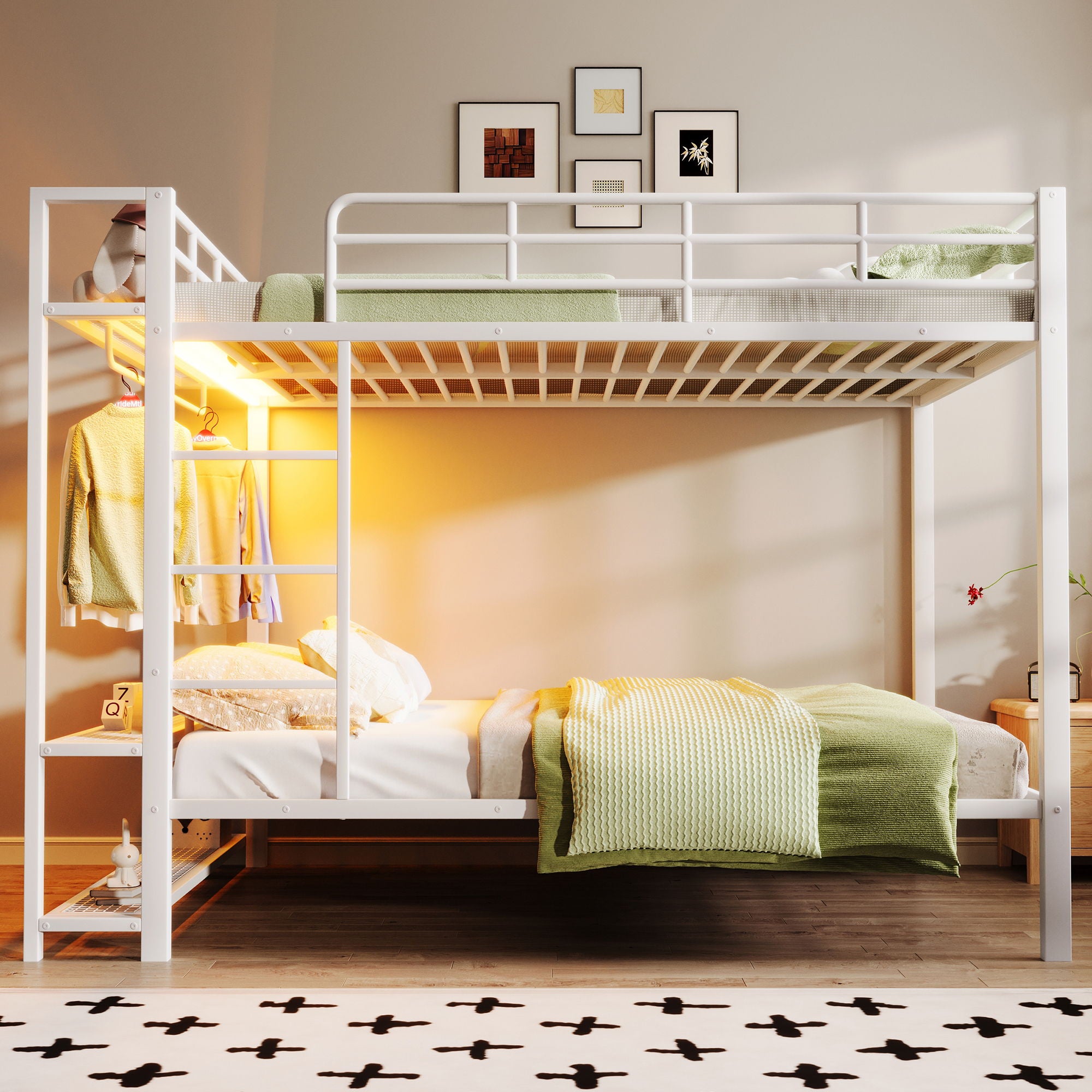 Bunk Bed With Storage Mesh Shelves, Clothes Hooks, LED Light