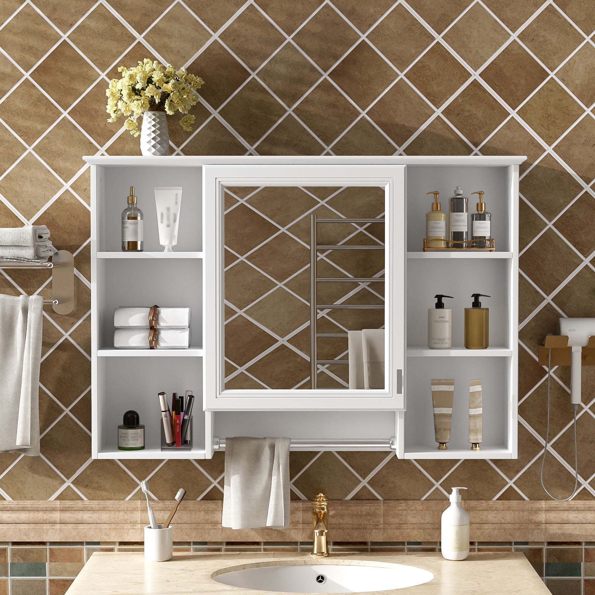 3 In 1 Modern Bathroom Mirror Cabinet With Adjustable Shelf, Soft Close Door, High Definition Mirror & Towel Bar