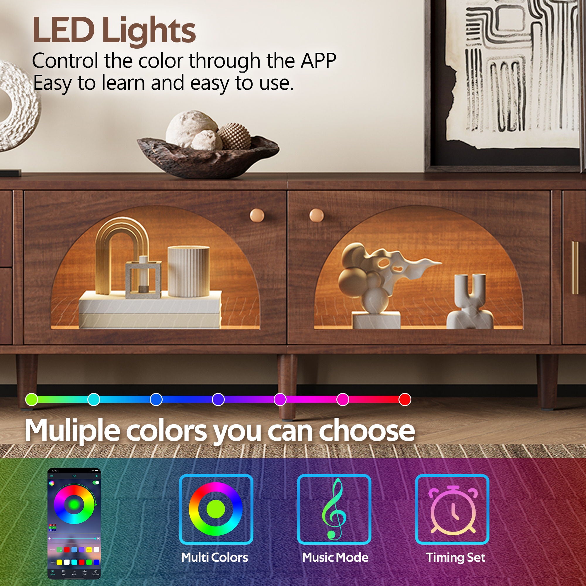 TV Stand With 3 Cabinets & 2 Drawers, LED Light Media Console For TVs Up To 80" - Dark Brown