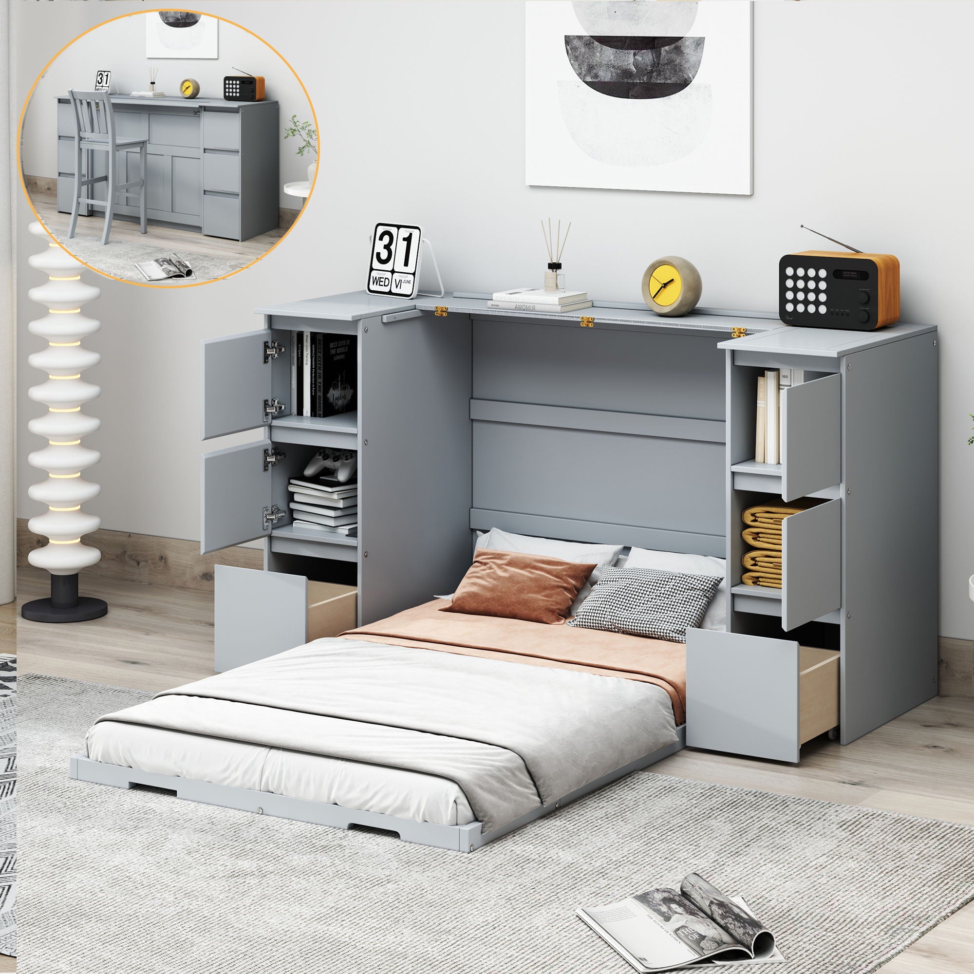 Murphy Bed With Drawers, Cabinets, And USB Ports