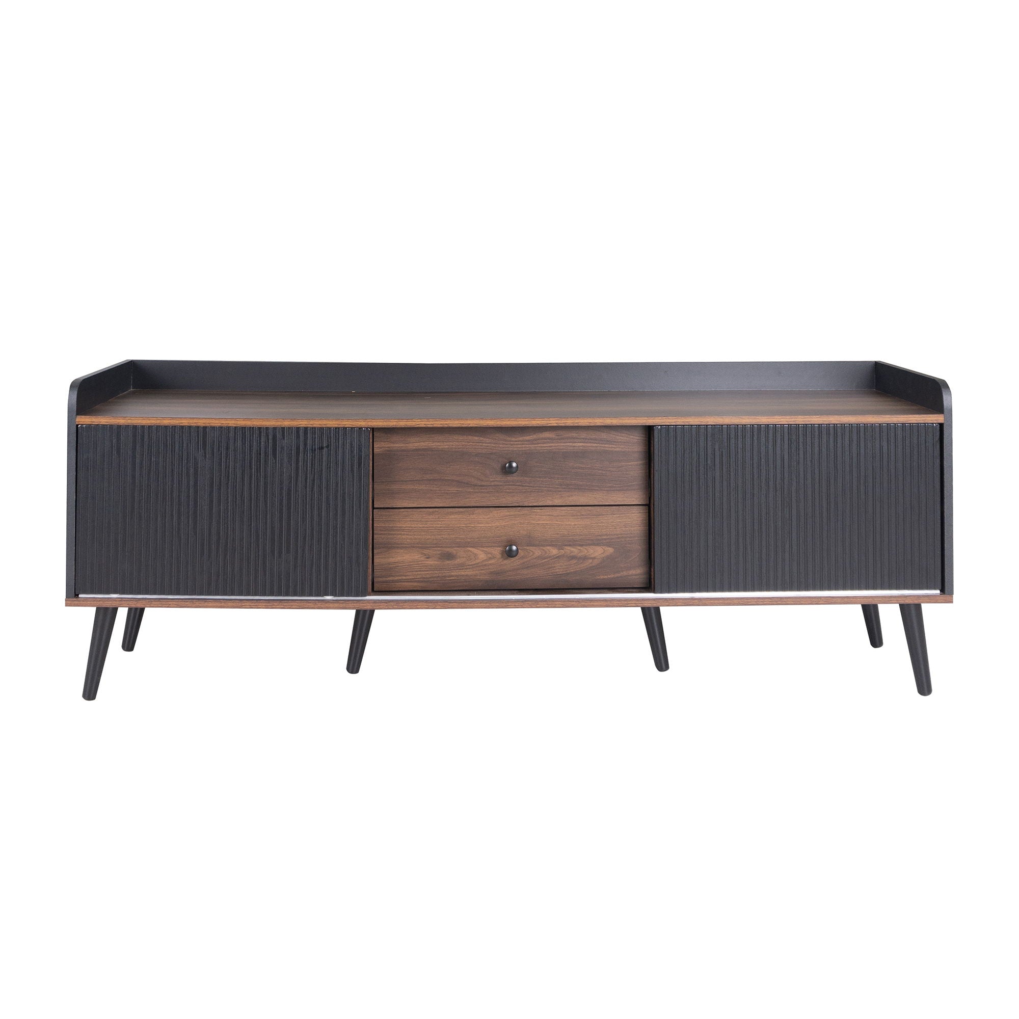 Mid Century TV Stand With 2 Cabinets & Open Compartments, Entertainment Center For Tvs Up To 70'', Television Console For Living Room - Dark Coffee / Black
