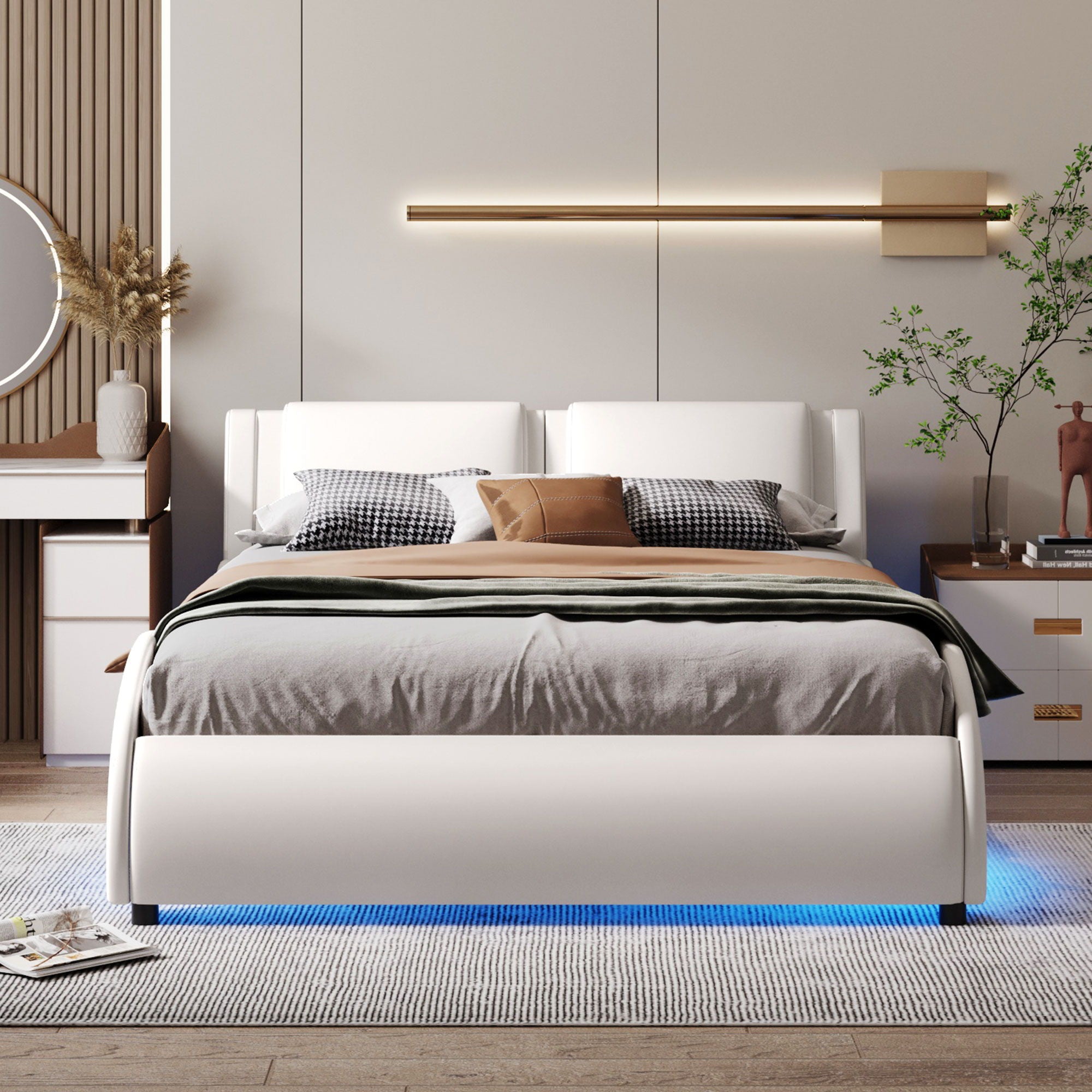 Upholstered Platform Bed With LED Light, Frame Slatted